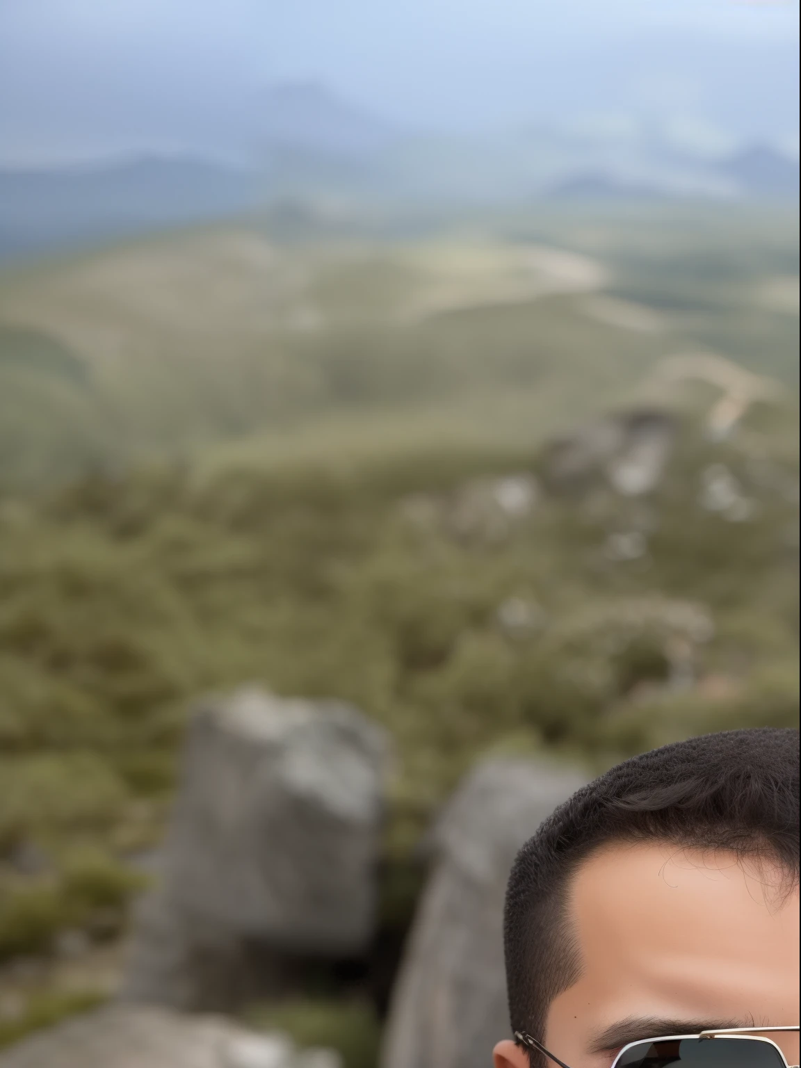 Man in sunglasses taking a selfie on a wooden platform, gui guimaraes, nas montanhas, nas montanhas, com montanhas ao fundo, com montanhas no fundo, no topo de uma montanha, com montanhas como pano de fundo, Fotografia selfie 8k, no topo de uma montanha, Aykut Aydogdu, na montanha
