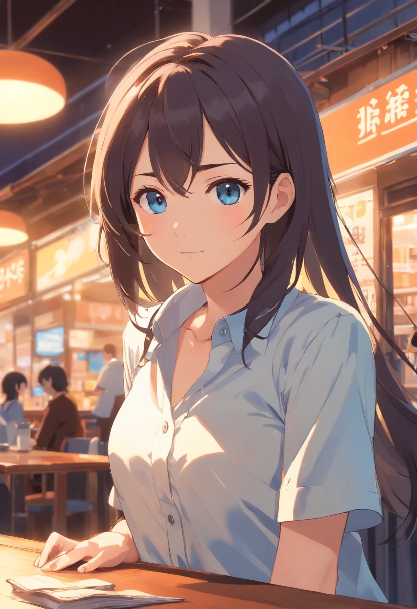 mujer, pechos gigantes, pelo negro largo, ojos cafes, con camisa escolar blanca chica, camisa mojada, brasier visible, falda azul corta, anime