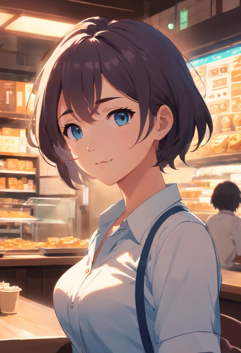 mujer, pechos gigantes, pelo negro largo, ojos cafes, con camisa escolar blanca chica, camisa mojada, brasier visible, falda azul corta, anime