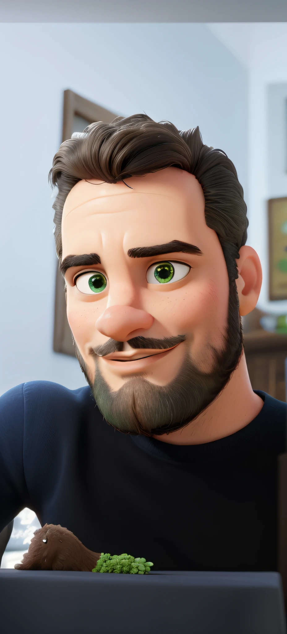 Um homem brasileiro de 42 anos descendente de italiano, magro, queixo curto e com barba completa, cabelo bem curto e pouco volumoso levemente grisalho e sobrancelha preenchida. Rosto medio, thin lips and bluish green eyes, orelhas pequenas, olhar profundo. estilo disney pixar, alta qualidade, melhor qualidade,