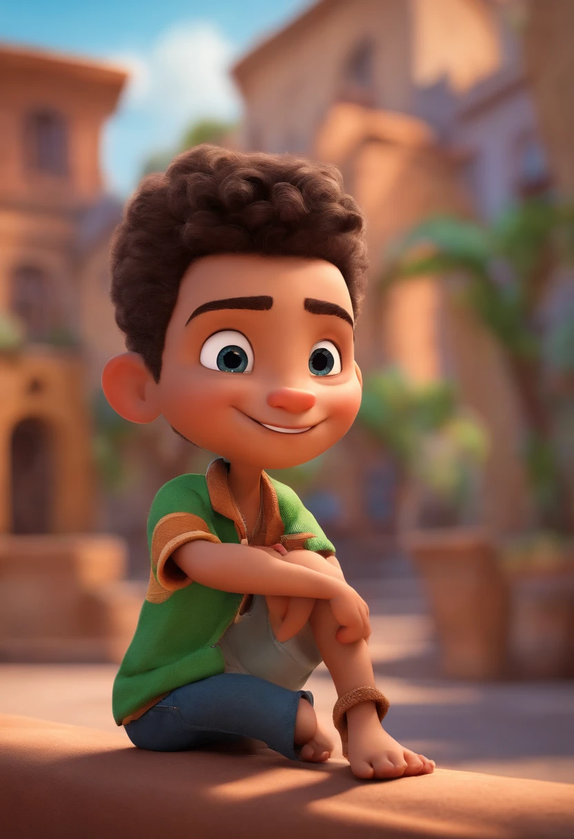 Image of a boy for a story in a YouTube video in Pixar format, He's big, He's the class leader, He's outgoing, Playful and gets up for a lot of things, cabelo muito curto ondulado preto, olhos castanhos escuros