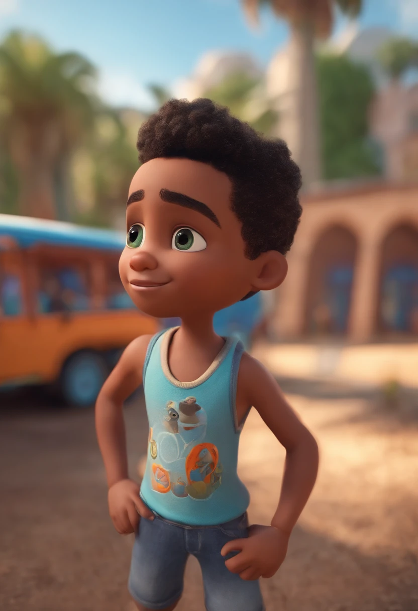 Image of a boy for a story in a YouTube video in Pixar format, He's big, He's the class leader, He's outgoing, Playful and gets up for a lot of things, cabelo muito curto ondulado preto, olhos castanhos escuros