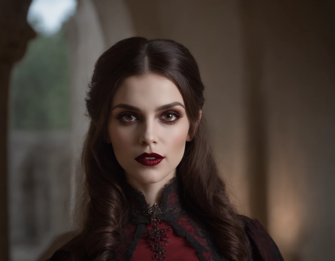retrato hiper realista (1vampiregirl), 40 anos, then, cabelo preto ondulado, roupa de couro marrom, menina vampiro, dentes pontiagudos, tabela antiga, castelo, Sunset, 64 mil, menina vampiro, assustador, horror, dentes sanguinolentos, Open mouth gothic vampire teeth, corpo manchado de sangue irritado