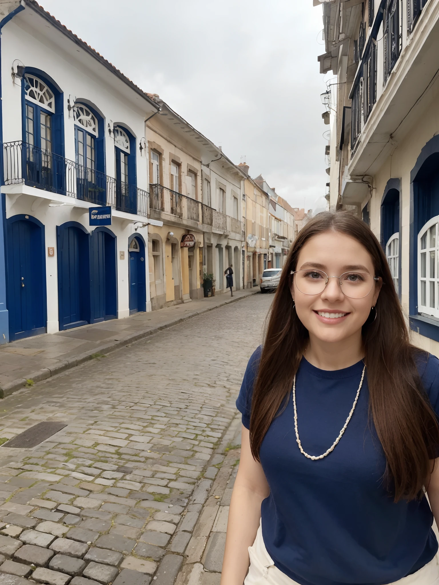 crie imagem estilo pixar de uma mulher jovem gordinha. cabelo muito longo castanho liso. olhos castanhos claros. wearing pink wool blouse and white shirt collar showing. beige Oxford style jeans and shoes. small pearl earrings. square silver glasses strolling in a historic town in the North of France