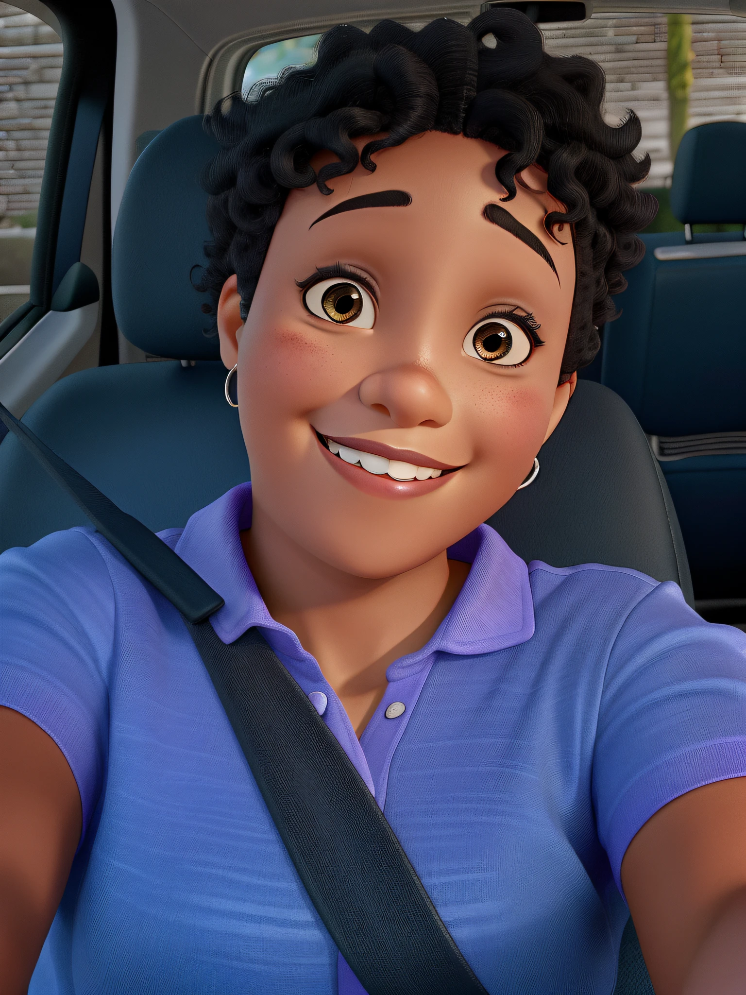 jovem garota negra, Short curly hair smiling in car with lilac blouse