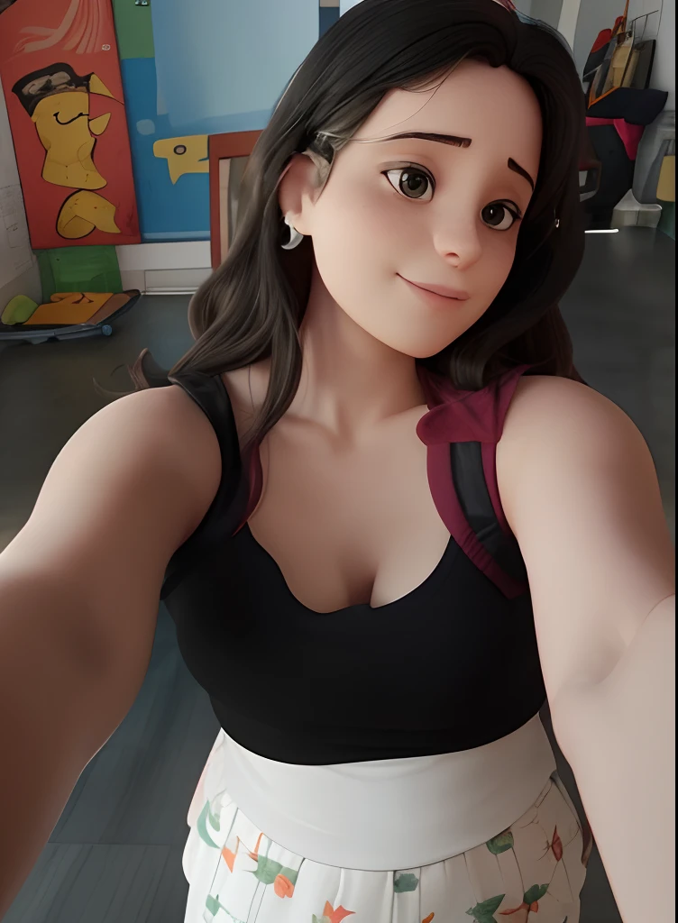 there is a woman taking a selfie with her cell phone, 3 0 anos de idade mulher, Mulher de 30 anos, usando uma camiseta regata de corte baixo, she is wearing a black tank top, foto fit,