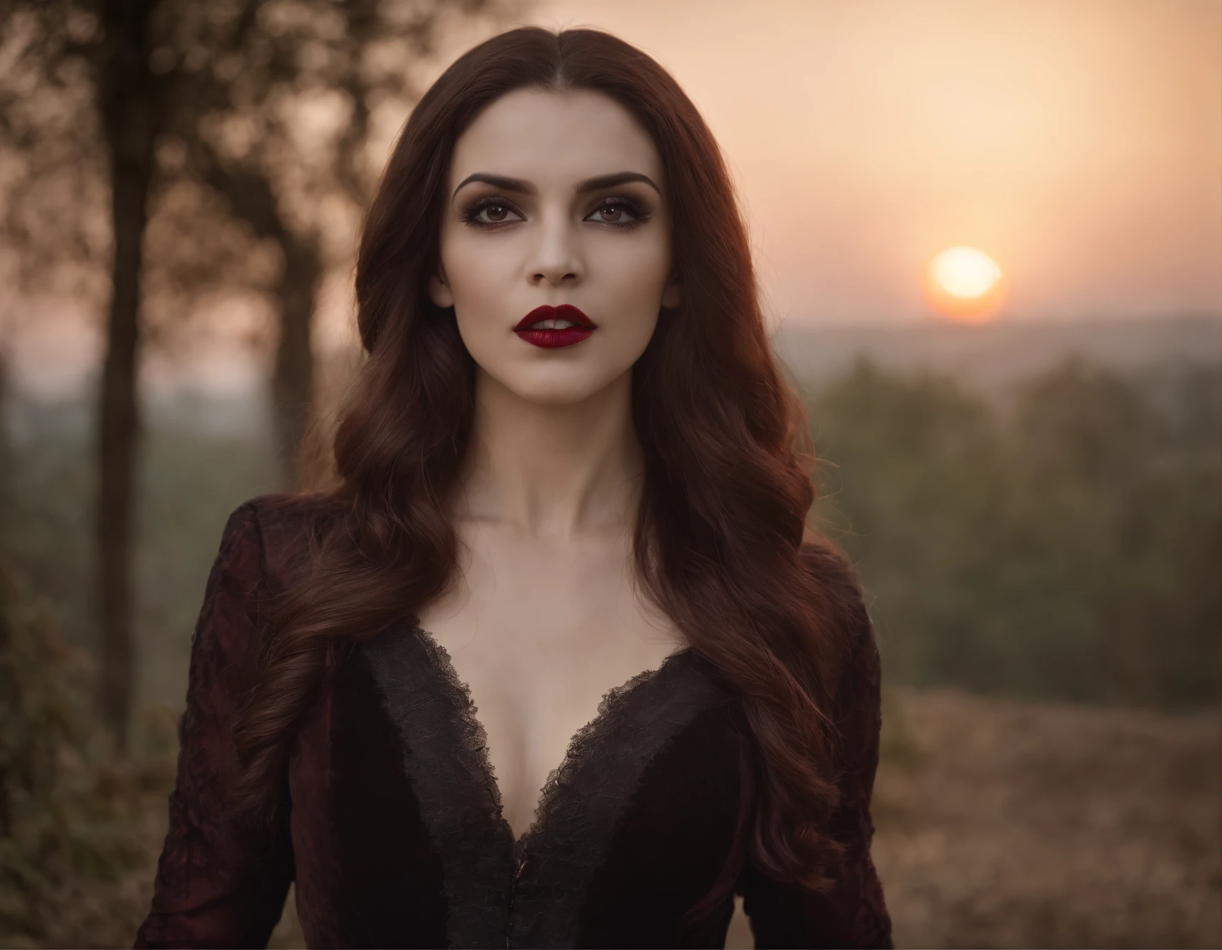 retrato hiper realista (1vampiregirl), 40 anos, then, cabelo preto ondulado, roupa de couro marrom, vampiro, dentes pontiagudos, tabela antiga, castelo, Sunset, 64 mil, meninaro, assustador, horror, dentes sanguinolentos, Open mouth gothic vampire teeth, corpo manchado de sangue irritado