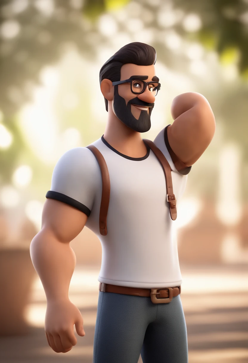 Cartoon character of a man with black glasses and a black polo shirt, cabelo liso, With beard and old school tattoo on his arm, animation character, Caractere estilizado, animation style rendering, 3D estilizado, Arnold Maya render, 3 d render stylized, toon render keyshot, Personagem 3D, Personagem 3D, 3d rendering stylized, 3 d character render, personagem de desenho animado, Personagem de close up, Pose de personagem, (Estilo Pixar) (master part:1.2) (Bokeh) (best quality) (pele detalhada) (textura detalhada) (8k) (argila) (Cinematic lighting) (foco nítido