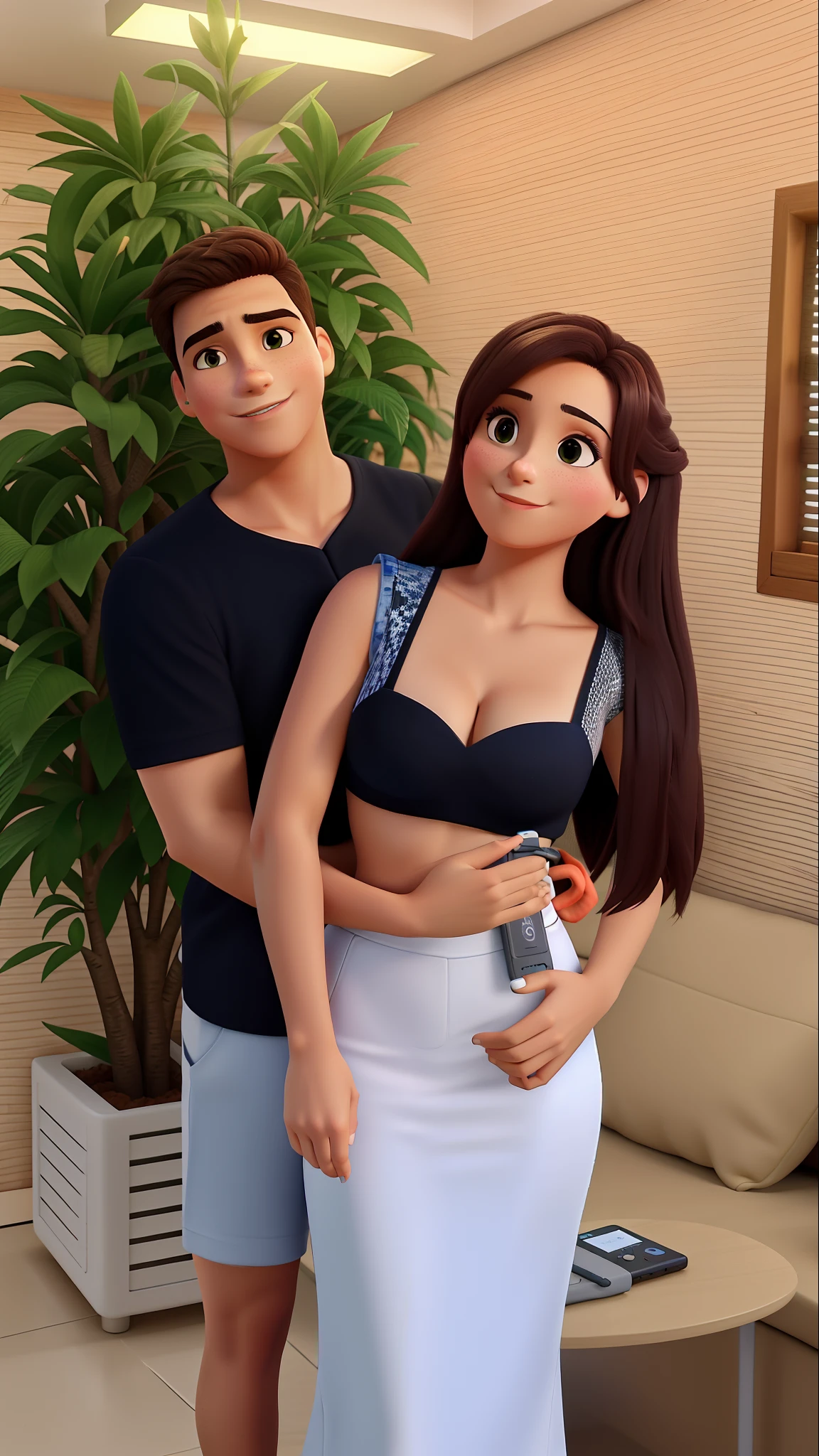 A 40 year old man is sitting on the bed hugging his wife, (the girl is wearing short clothes, hot and sexy clothes), (the boy is wearing an open dress), (((the girl masterpiece, curvy thick body is hot and sexy))), (((big breast))),(cropped boobs))),(((the man is handsome and looking very fit, hot))), (((close up photo))),(portrait photography),There is a smile on both their faces, both have touched each other's feet,4k,8k,16k quality details face, afternoon time, realistic photo, face in ultra HD QUALITY,