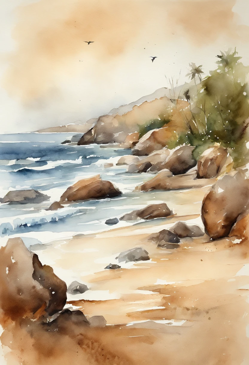 paisagem de uma praia em tons de marrom, aquarela, poucos elementos, horizontal orientation, somente mar e areia, tons de marrom, caravaggio.