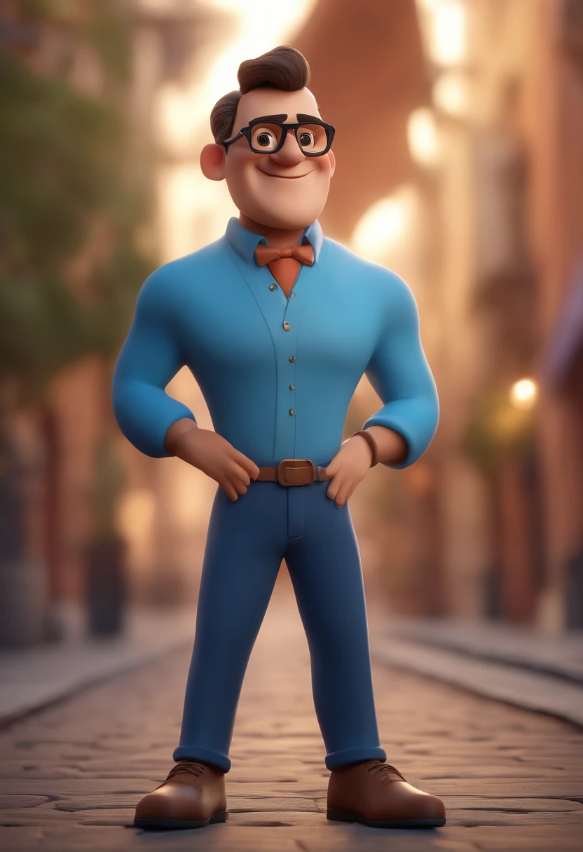 Cartoon character of a man with black glasses and a blue shirt, animation character, Caractere estilizado, animation style rendering, 3D estilizado, Arnold Maya render, 3 d render stylized, toon render keyshot, Personagem 3D, Personagem 3D, 3d rendering stylized, 3 d character render, personagem de desenho animado, Personagem de close up, Pose de personagem, (Estilo Pixar) (master part:1.2) (Bokeh) (best quality) (pele detalhada) (textura detalhada) (8k) (argila) (Cinematic lighting) (foco nítido