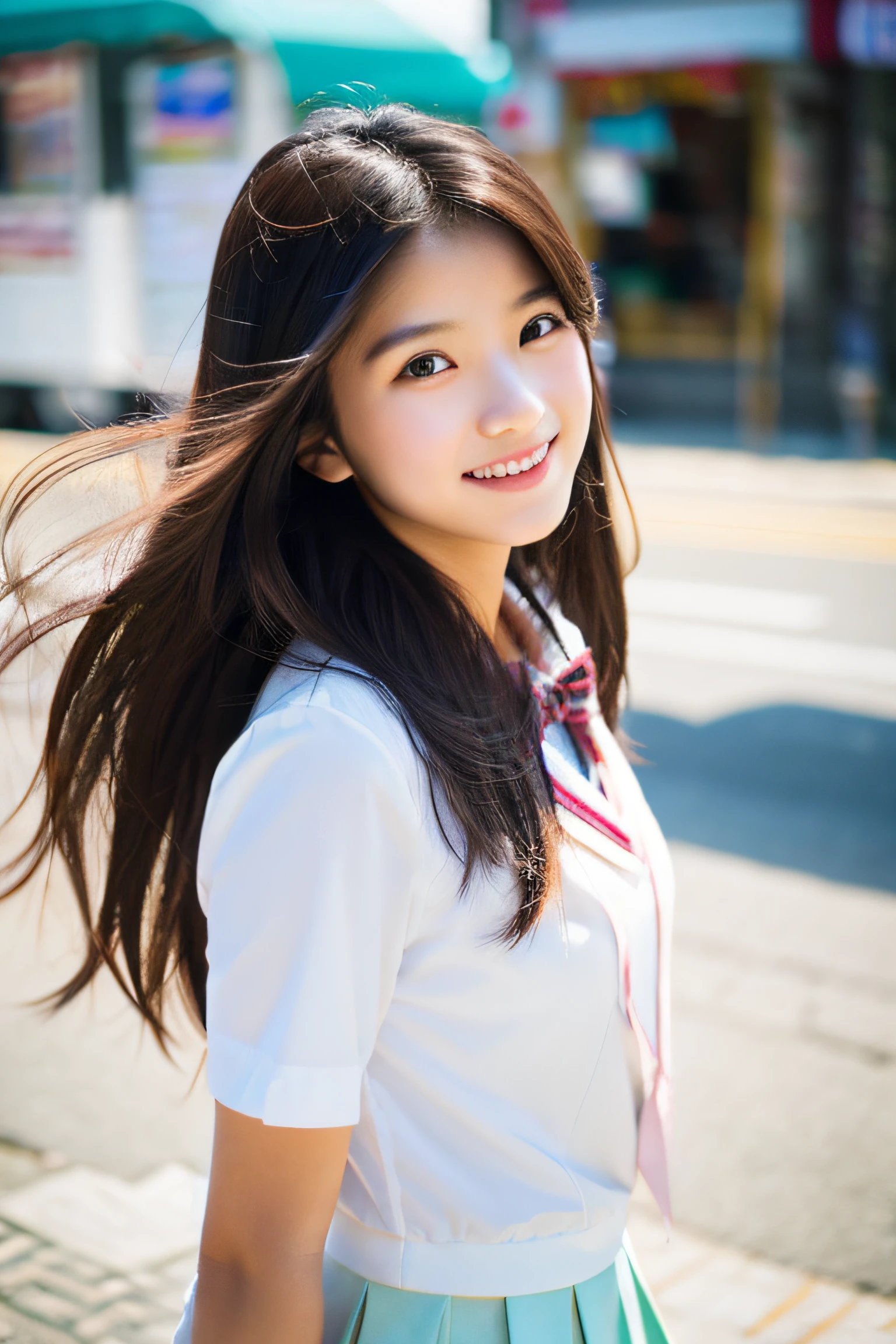1 Girl in the beach at noon、walking in the street、Walking、Gaze to the side、A delightful、Beautie、Tremendously beautiful、dual、A slender、a smile、The long-haired, high quality image, high resolution in detail, try-x, ISO1600, super realistic photo, fine skins, fine hair, 135mm lens, bust shot, school uniform