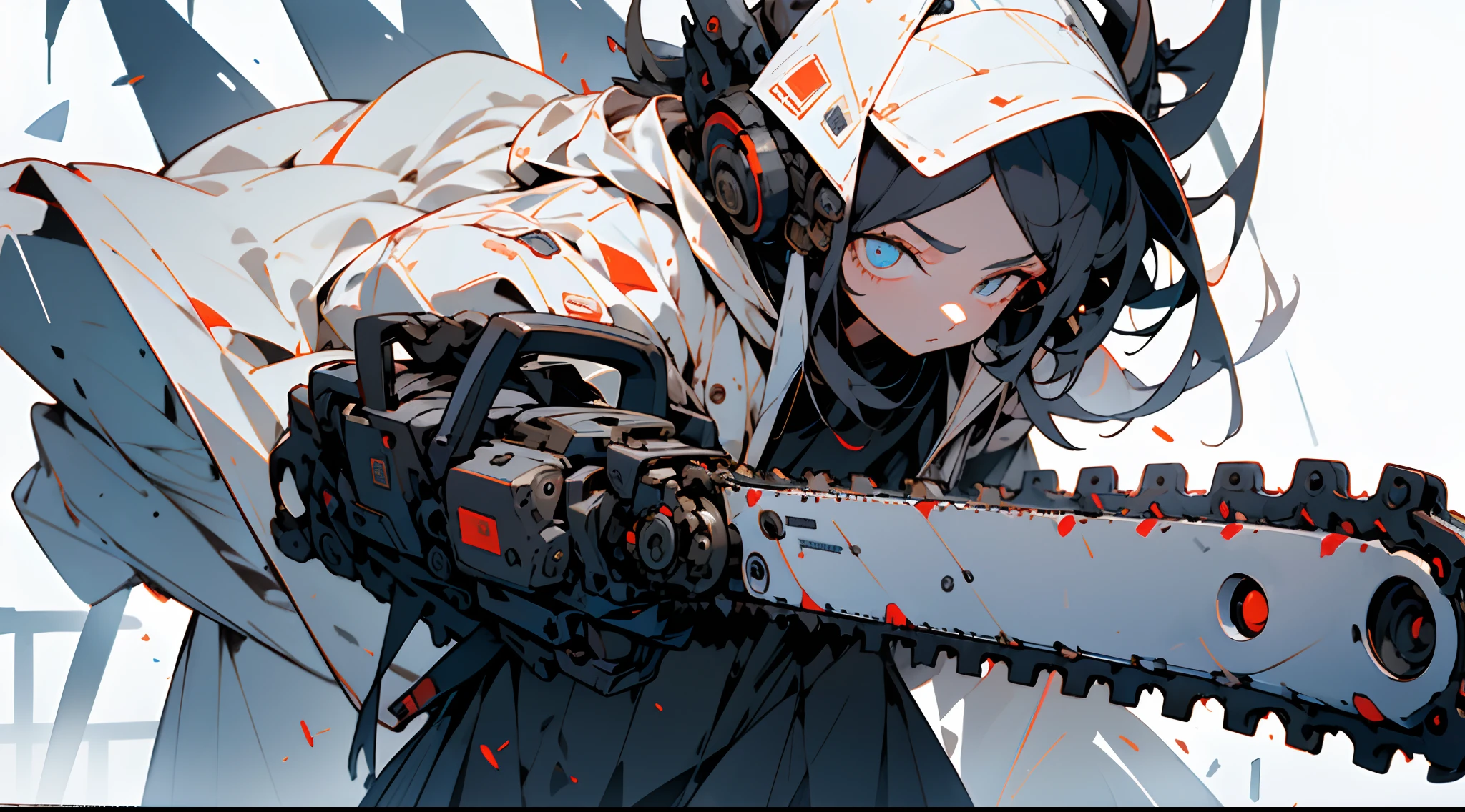 masterpiece, best quality, absurdres, highres, ultra detailed, 1girl, oversized hooded jacket, holding mechanical chainsaw, upper body, dynamic angle, dynamic pose, (extremely beautiful and detailed face:1.2), (extremely beautiful and detailed eyes:1.2), perfect hands, delicate legs