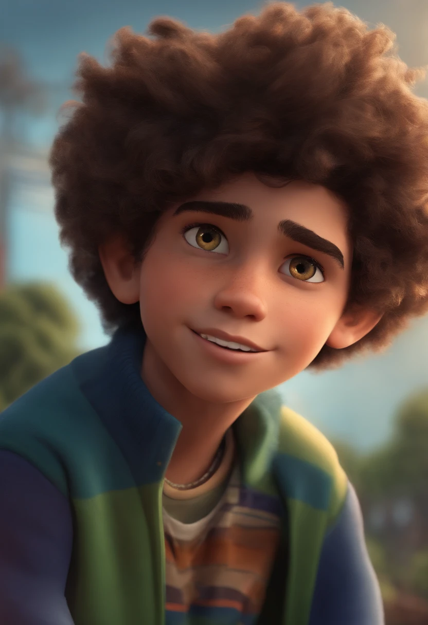 Teen boy image for YouTube video story in Pixar format, He's big, He's the leader of the class, He's outgoing, Playful and gets up to a lot, cabelo muito curto ondulado preto, olhos castanhos