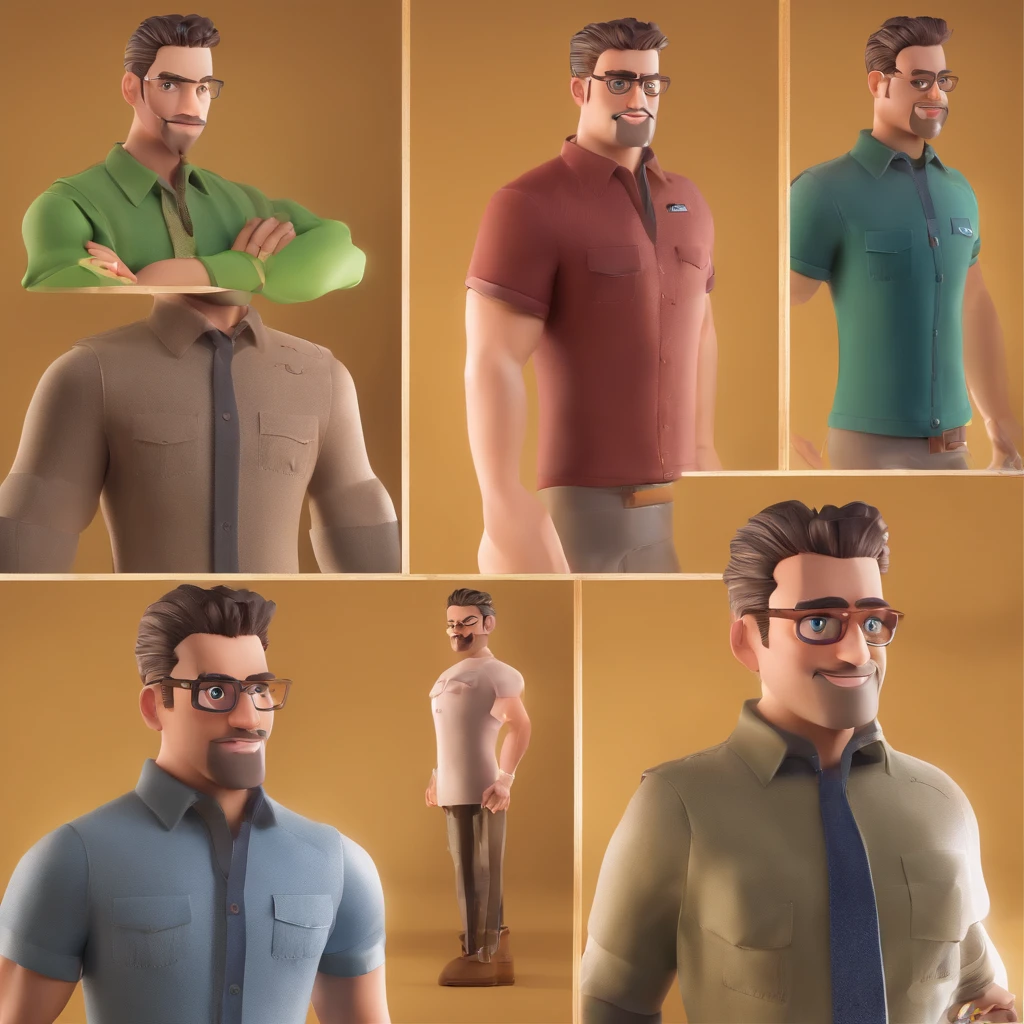 Criar um personagem no estilo Pixar. Trata-se de um homem de 31 anos, com barba, pardo, com cabelos castanhos curtos e um quiff, e olhos castanhos. He's from Rio de Janeiro, he supports Botafogo, Ele deve estar na loja vendendo roupas