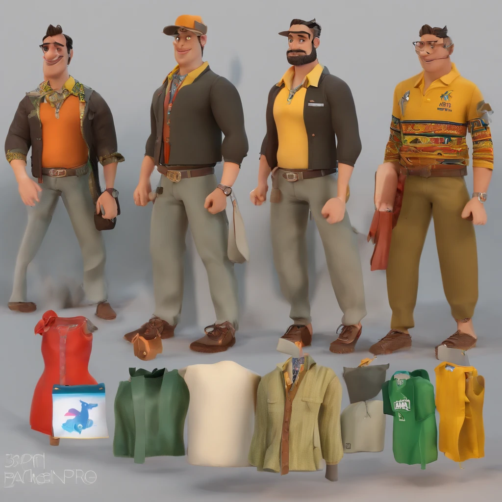 Criar um personagem no estilo Pixar. Trata-se de um homem de 31 anos, com barba, pardo, com cabelos castanhos curtos e um quiff, e olhos castanhos. He's from Rio de Janeiro, he supports Botafogo, Ele deve estar na loja vendendo roupas