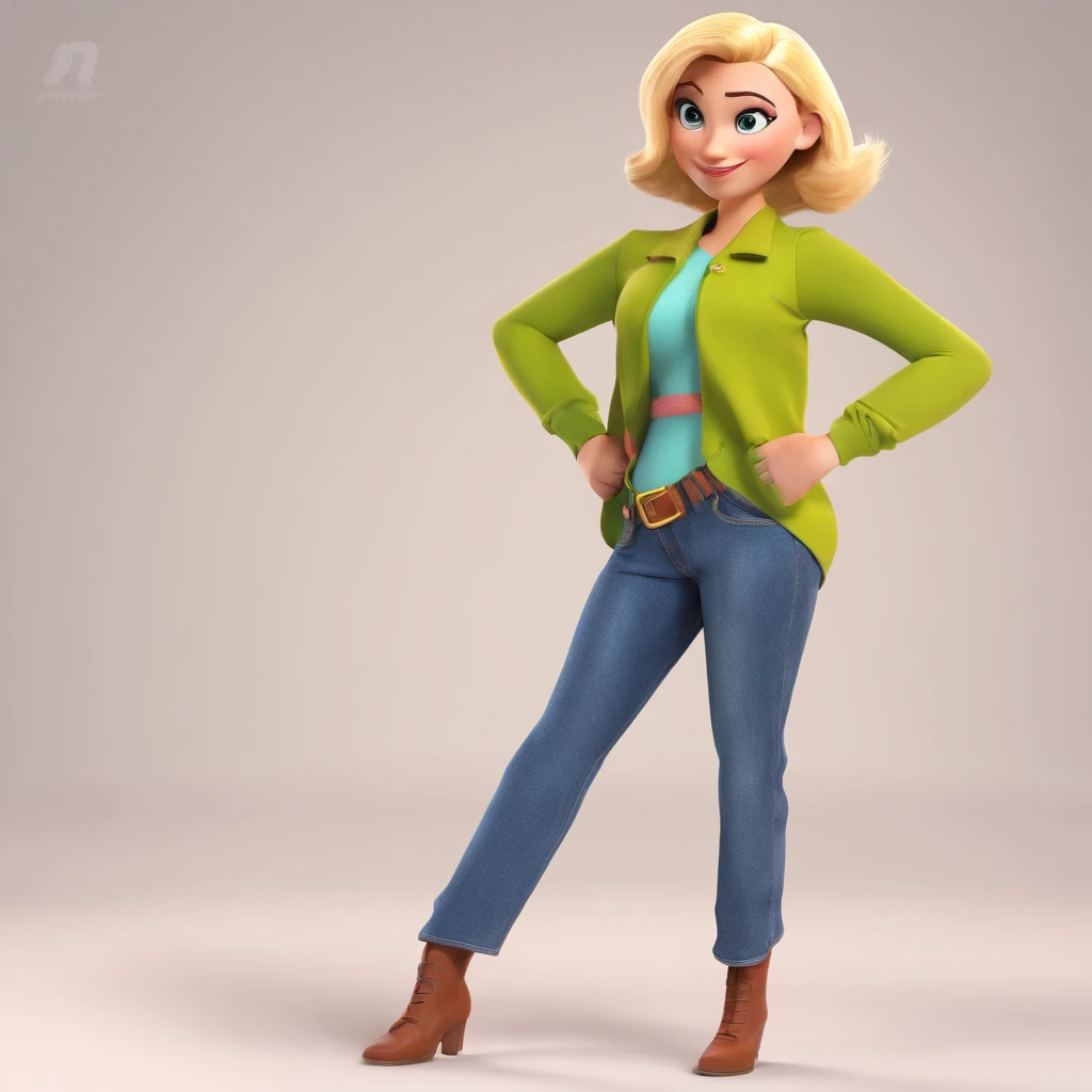 create a 3D movie poster inspired by Disney Pixar, The scene should be in Pixar's signature digital art style, with a cartoon image of a blonde woman with straight green eyes hair in prone position, Usando um vestido rosa com jaqueta jeans em uma sala de aula.