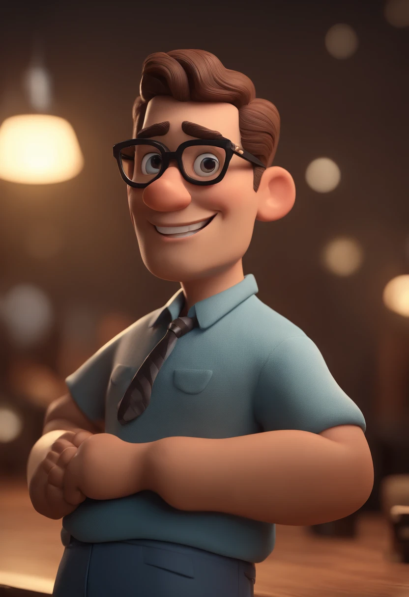 Cartoon character of a man with black glasses and a blue shirt, animation character, Caractere estilizado, animation style rendering, 3D estilizado, Arnold Maya render, 3 d render stylized, toon render keyshot, Personagem 3D, Personagem 3D, 3d rendering stylized, 3 d character render, personagem de desenho animado, Personagem de close up, Pose de personagem, (Estilo Pixar) (master part:1.2) (Bokeh) (best quality) (pele detalhada) (textura detalhada) (8k) (argila) (Cinematic lighting) (foco nítido