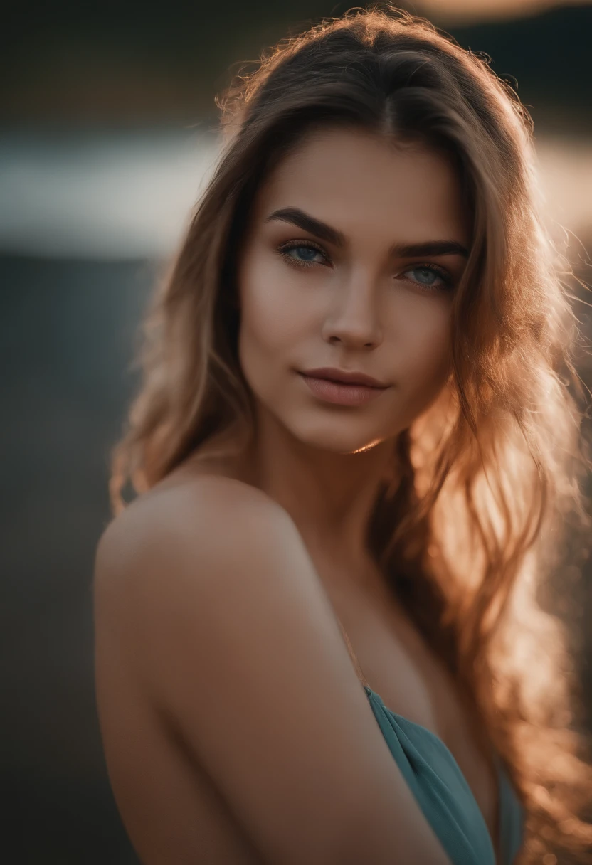 NSFW girl, dark blonde hair, topless, medium length hair, wavy hair, medium breasts, tan skin, earrings, jean shorts, looking at viewer, blushing, playing with her hair, smiling, soft lighting, high quality, beautiful