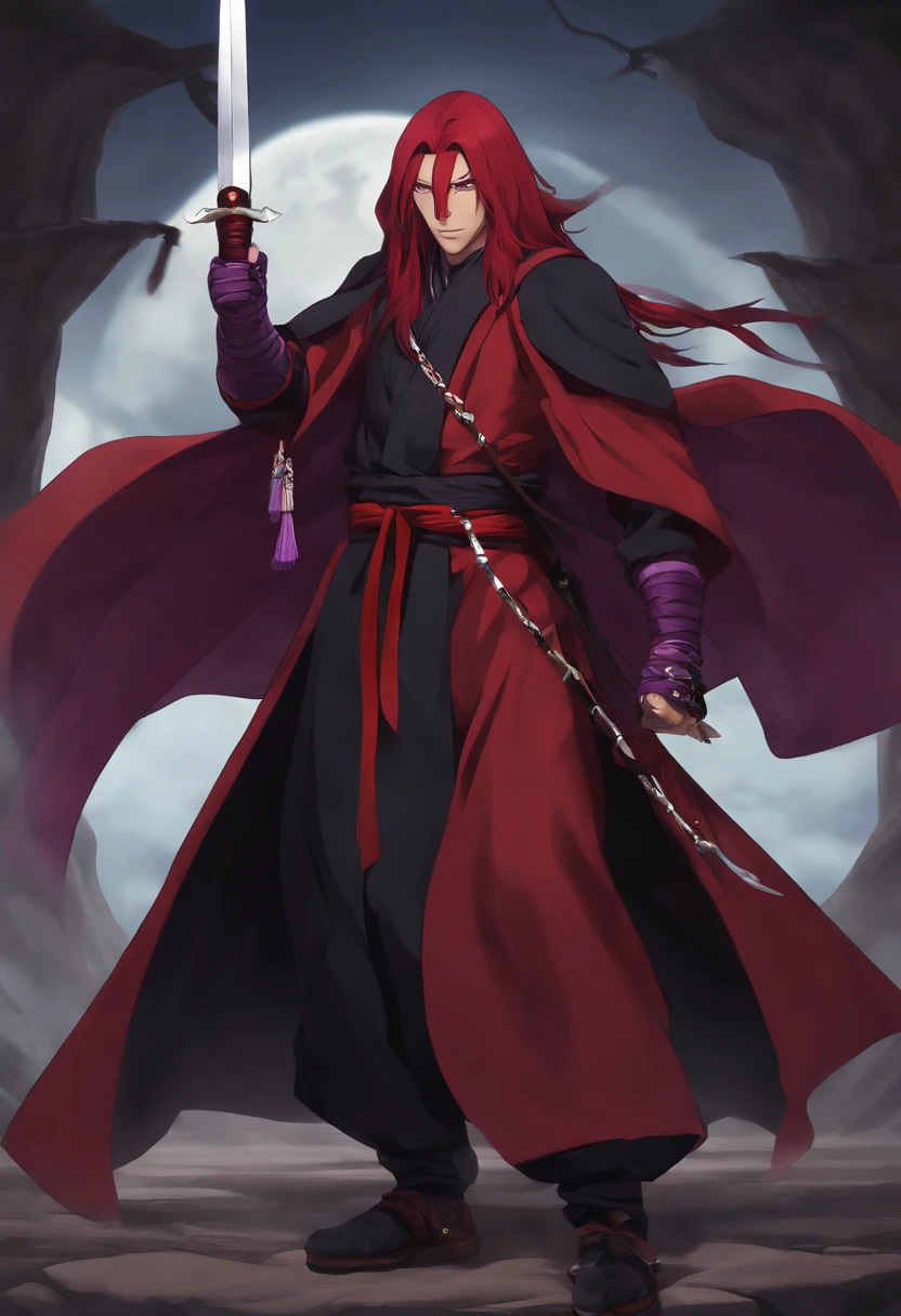 Red Hair long hair like madara uchiha, Yellow snake eyes like orochimaru, 
Brown skin,

Wearing black eyeliner,

Wears red and purple mage robe,

Holding two silver daggers in his hands,

wears black shoes,

Full body picture,