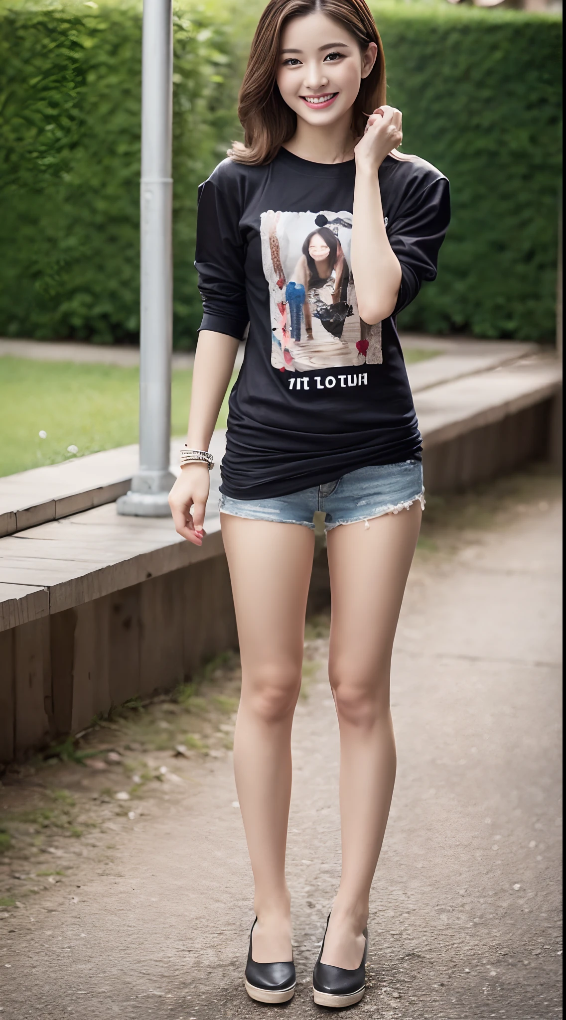 Photo like image quality、Glamorous figure、A smile、((Long T-shirt:1.5))、Medium Hair、Stand with your legs out to the sides