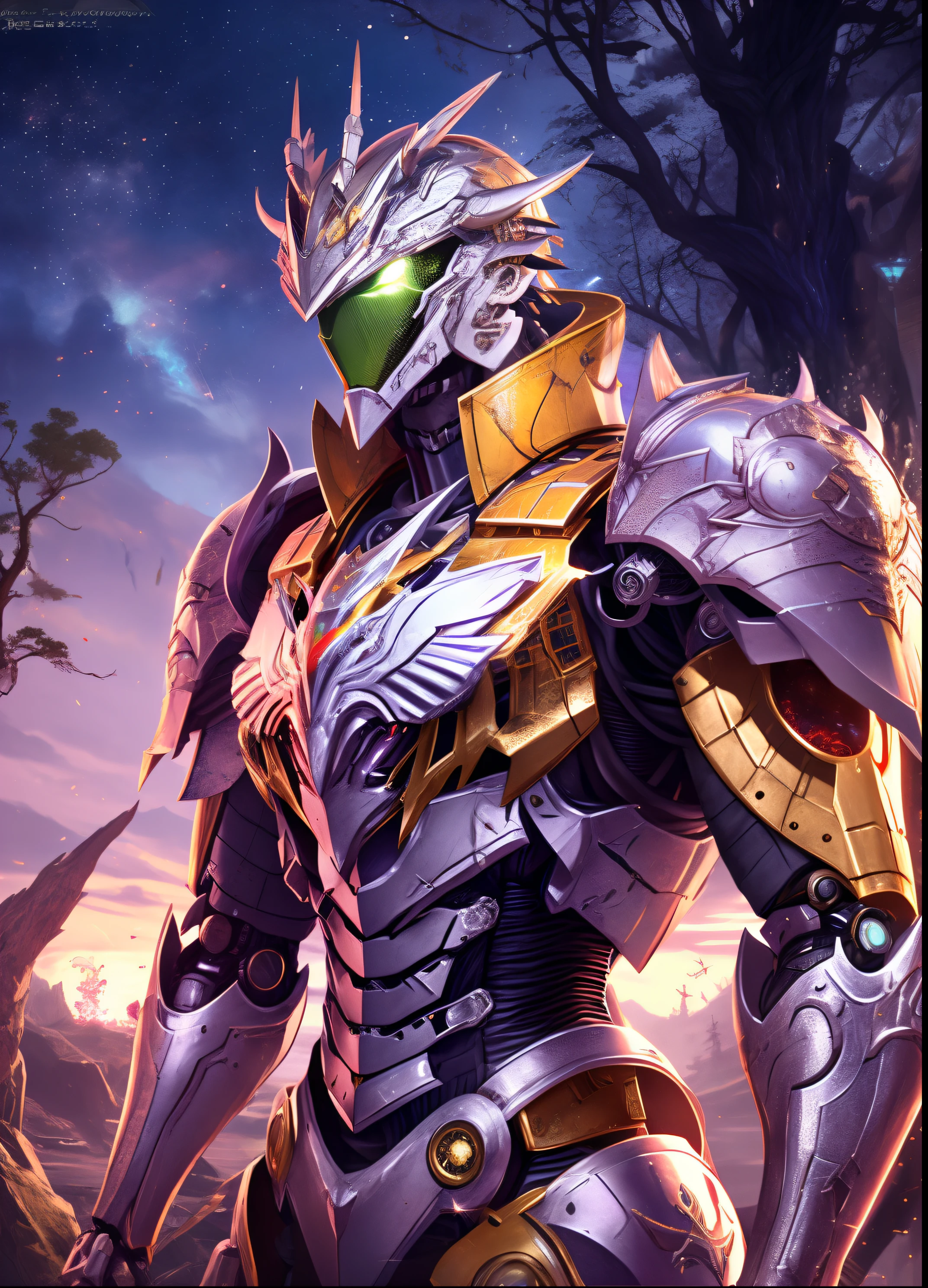 Close-up of a robot with a glowing face and a sword, high detailed official artwork, high fantasy kamen rider, anfas portrait of a mech warrior, ultra detailed game art, portrait of dragoon, Stunning armor, vanillaware artwork, dressed in light armor, guyver style, key art, the golden cat armor knight, offcial art, dragon cyborg