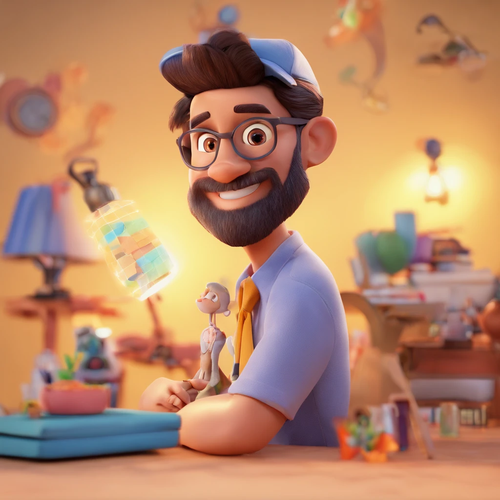 Criar um personagem no estilo Pixar. Trata-se de um homem de 30 anos, com barba, Branco, com poucos cabelos castanhos, um pouco calvo e olhos castanhos. Ele deve estar na frente de um computador.