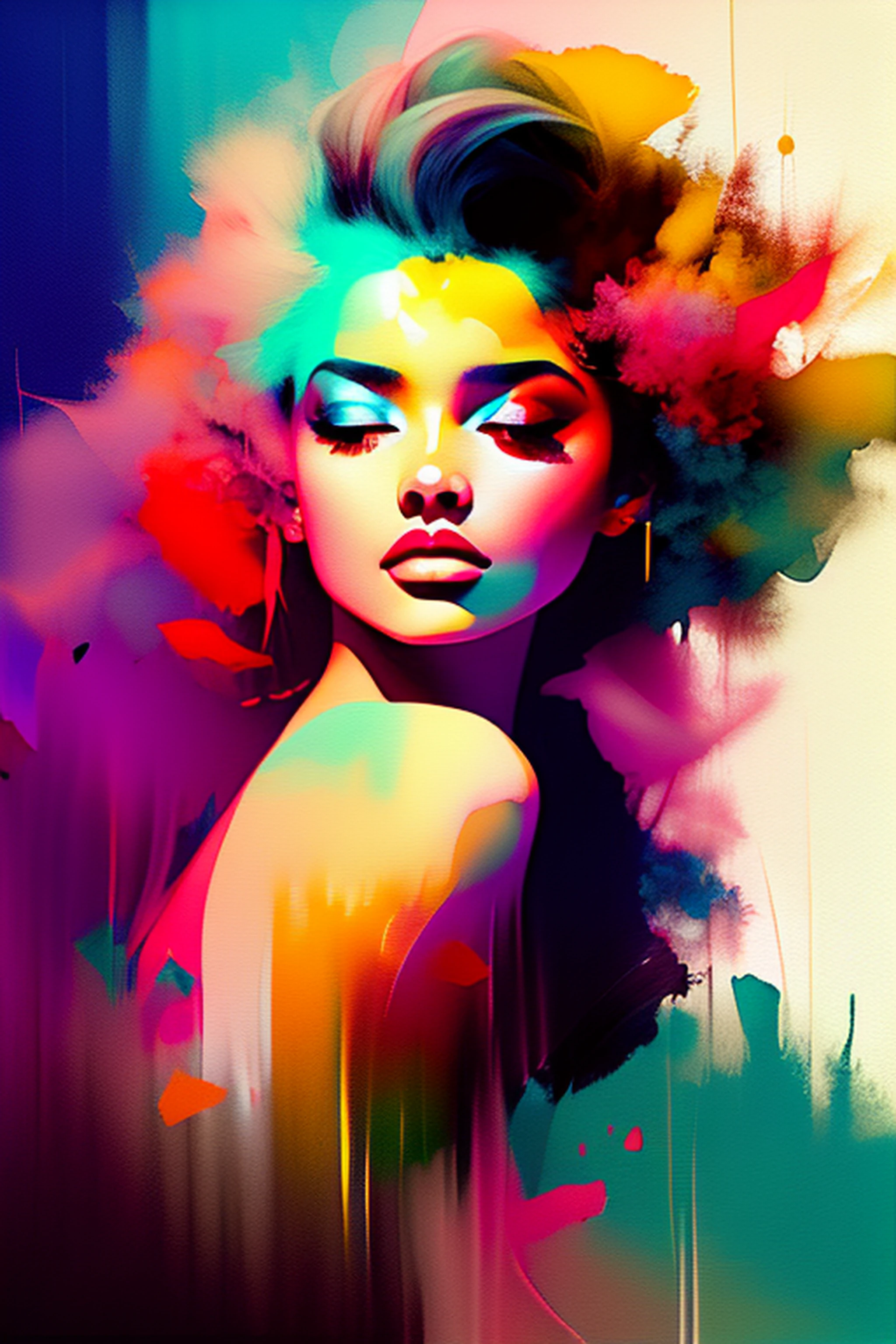 Arte abstrata colorida da tinta formando uma mulher, fundo branco, Romantic lighting, sub-surface Scatterring, brilho, Arte de pintura Alberto Seveso, cores claras