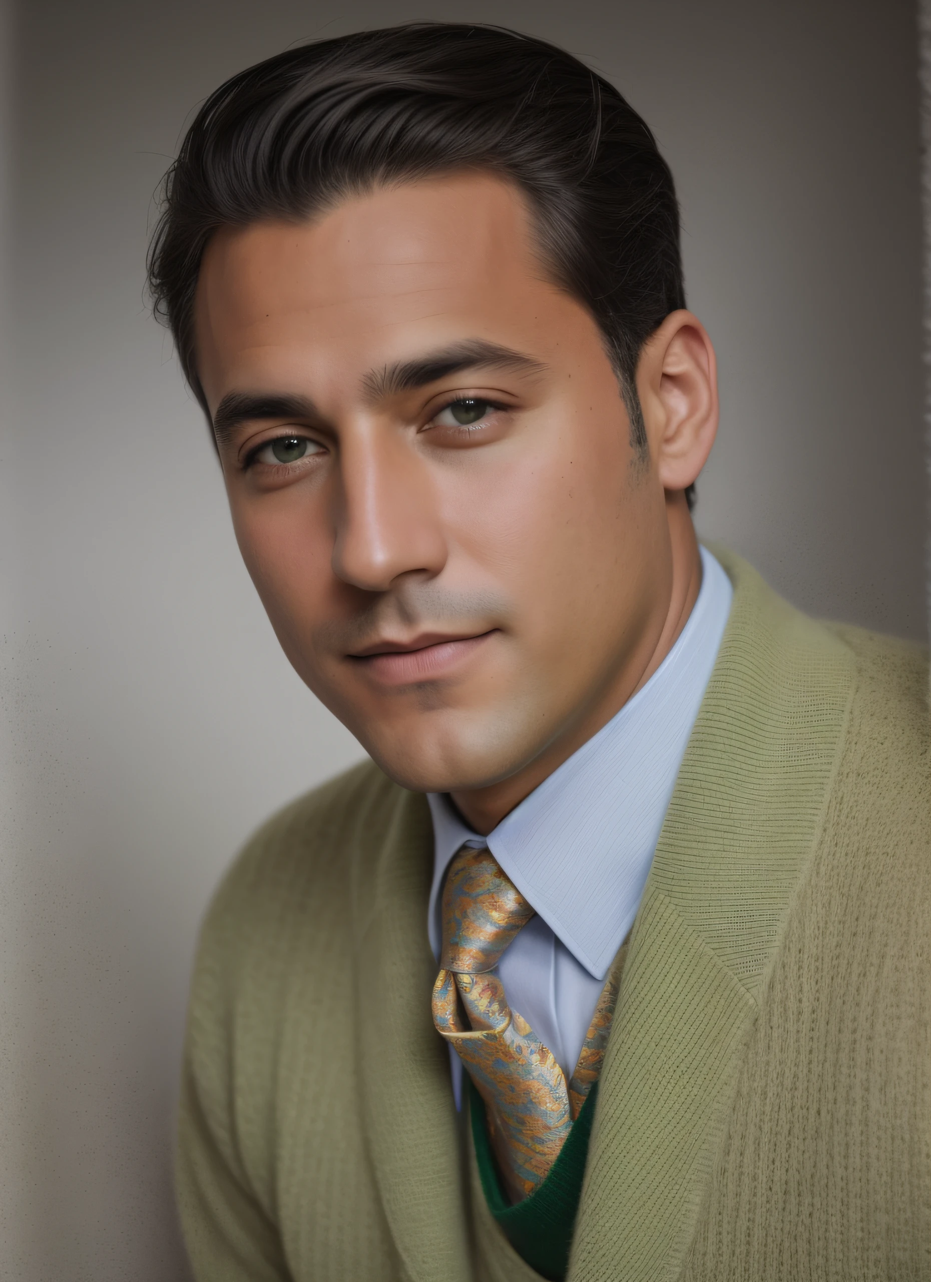 Photo of a man wearing a green sweater and tie, Una foto coloreada, Foto coloreada, coloreado, Retrato en color, fondo coloreado, colorized photograph, Foto coloreada galardonada, old color photograph, Foto antigua en color, Foto vintage en color, coloreado, Retrato de estudio en color, inspirado por Aniello Falcone, Retrato detallado en color, colored photon, hand dyeing