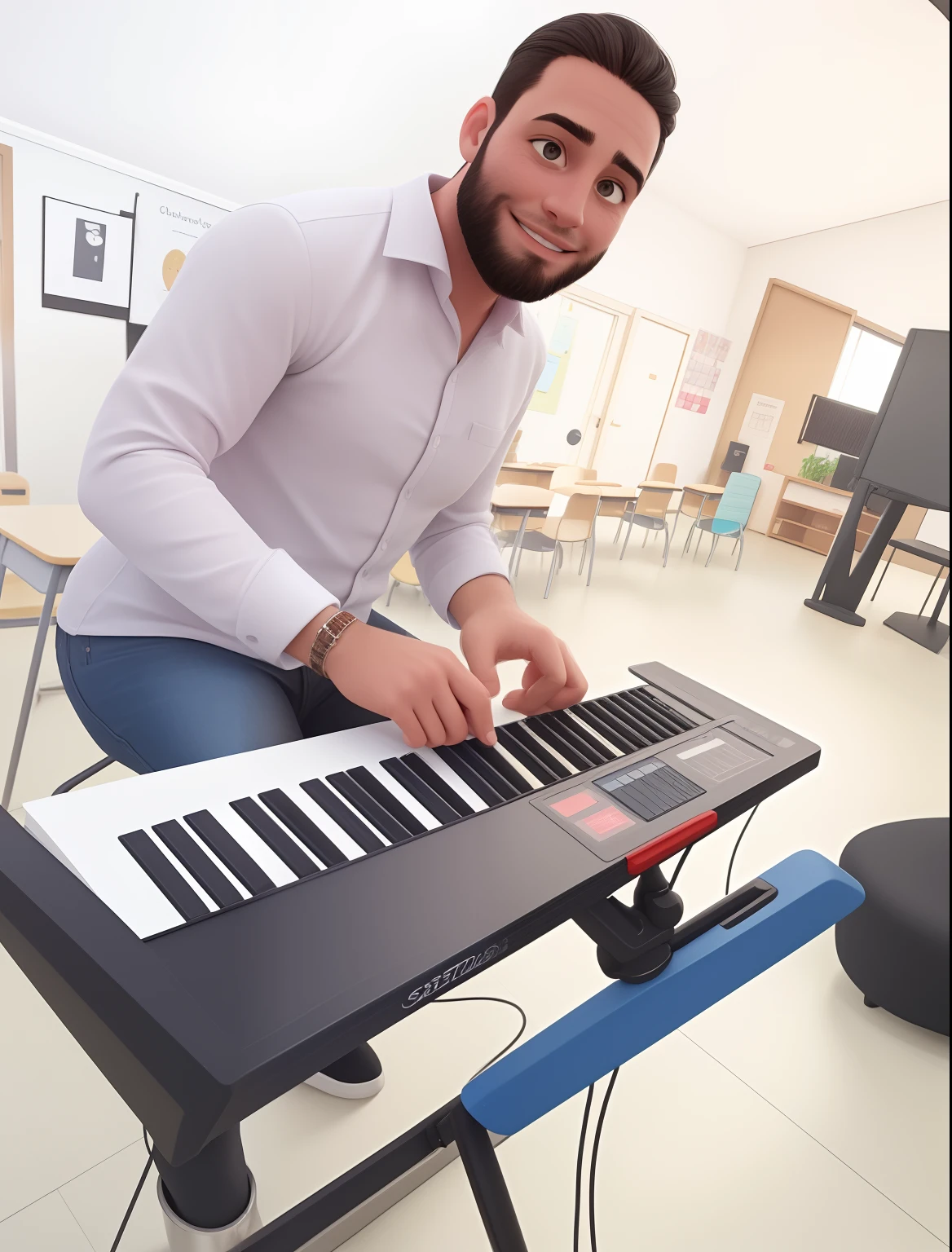Um homem de 39 anos, com cabelos castanhos escuros , Rosto redondo, sorriso encantador, e olhos castanhos, In a classroom, studio lighting, sign language interpreter and sign language teacher. She's wearing black clothes, blouse and black jeans