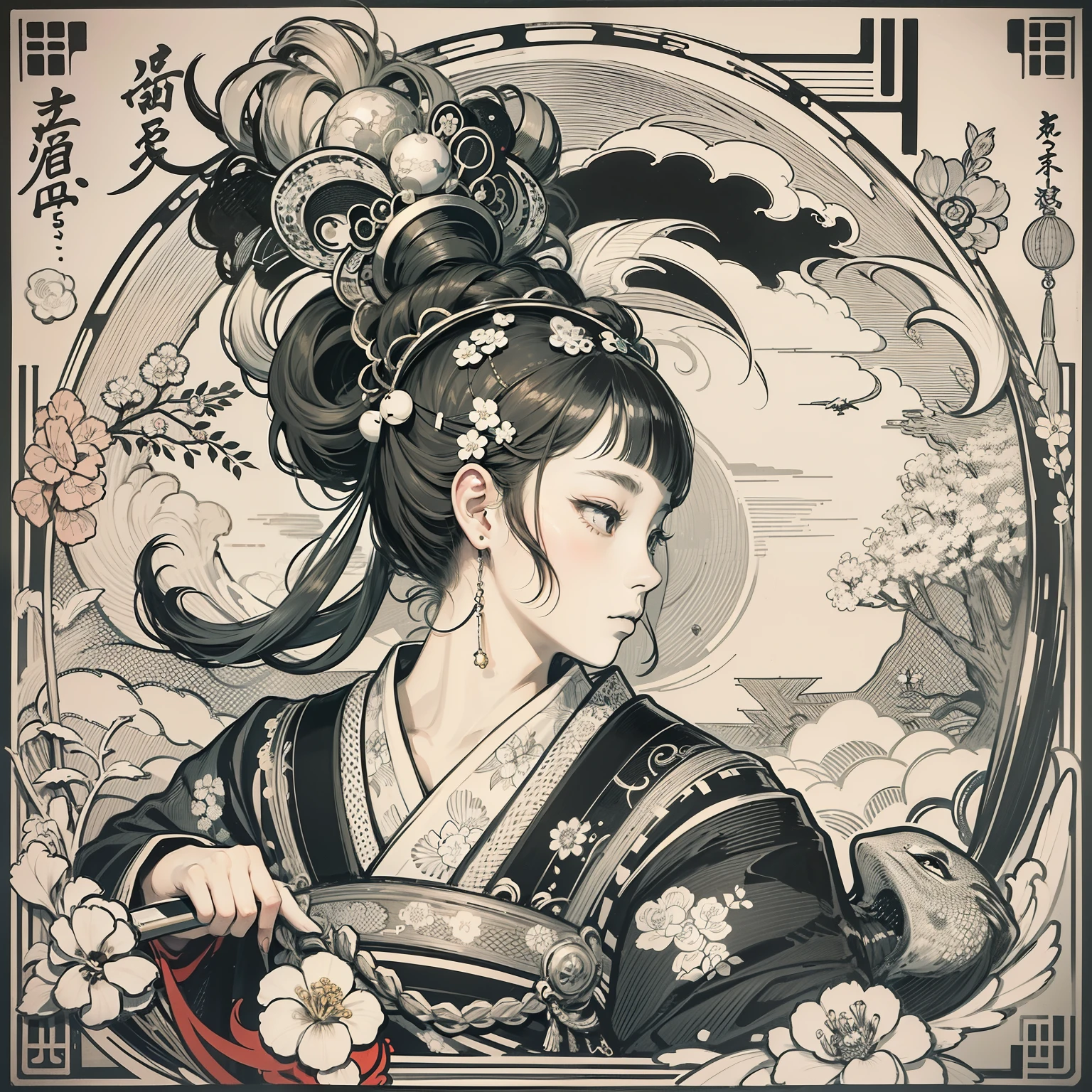A logo、games 、kawaii、ukiyoe painting、jpn、white and black、It features a simple、ultra-detailliert、Detailed drawing、vectorized、silhuette、8K、Beautie、Wistful expression