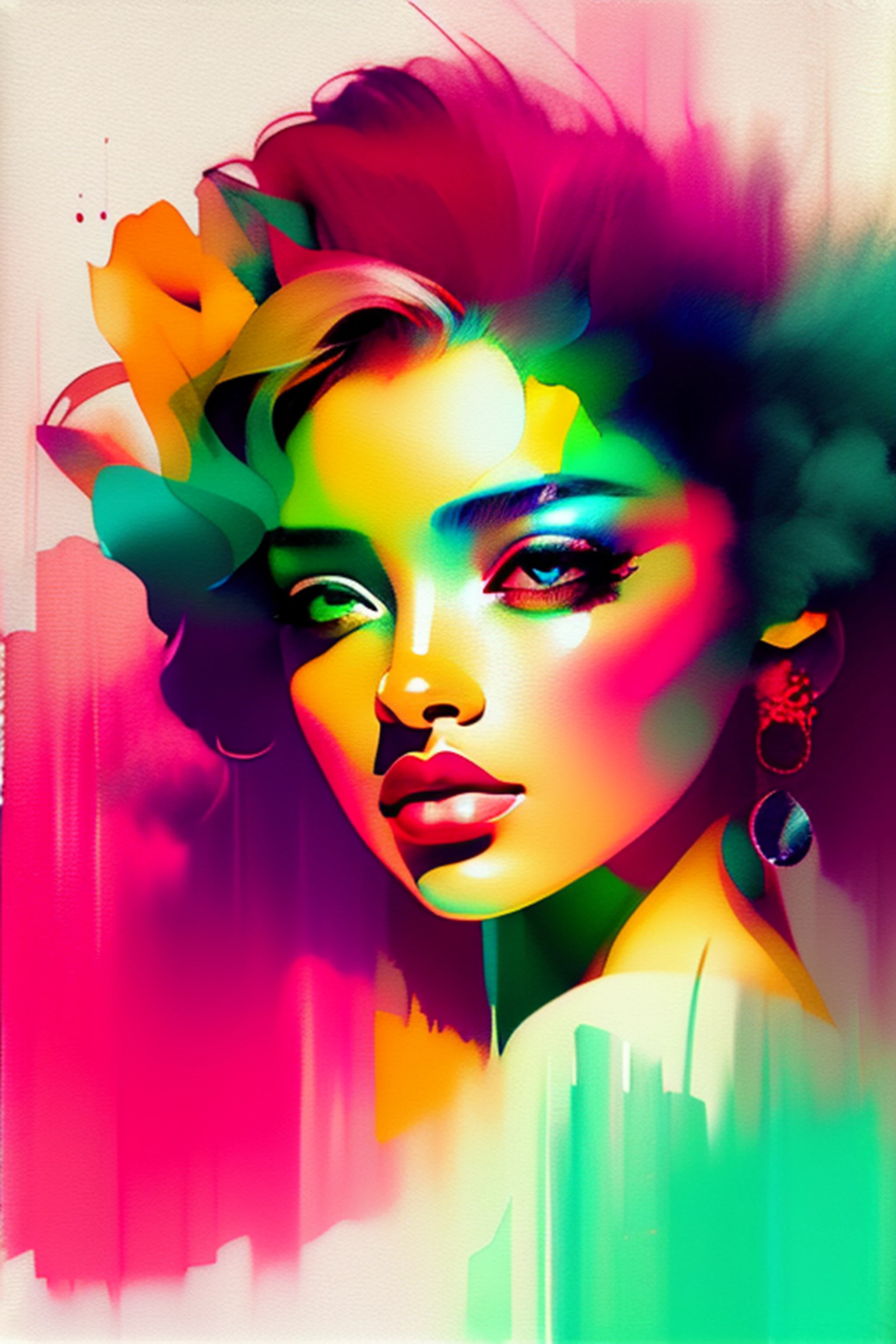 Arte abstrata colorida da tinta formando uma mulher, fundo branco, Romantic lighting, sub-surface Scatterring, brilho, Arte de pintura Alberto Seveso, cores claras