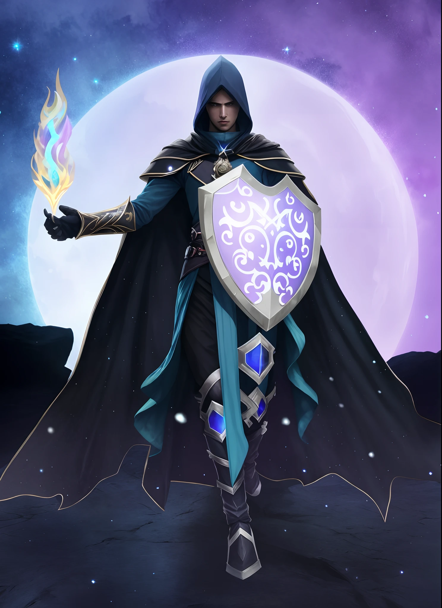 Full Portrait Of An Ethereal Archmage Human From Darkness And Magical Twilight Arcanist In Dark Cloak Dark Hood, Arcane Man Holding a Shield and Conjuring Arcane Magic Fire, Karthus de League of Legends, Noturno de League of Legends, Arsen Lupin as a Magic Knight, pintado no estilo arcano, Fantasy wizard and cleric dnd, epic, rpg, fantasia, Hero HD 4K