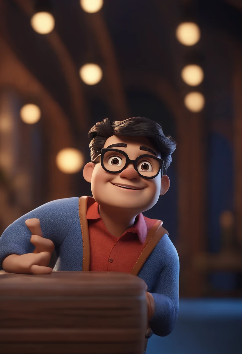 Cartoon character of a man wearing black glasses and a blue shirt, um personagem animado, Caractere estilizado, animation style rendering, 3D estilizado, Arnold Maya render, 3 d render stylized, toon render keyshot, Personagem 3D, Personagem 3D, 3d rendering stylized, 3 d character render, personagem de desenho animado, Personagem de close up, Pose de personagem, (Estilo Pixar) (master part:1.2) (Bokeh) (best quality) (pele detalhada) (textura detalhada) (8k) (argila) (Cinematic lighting) (foco nítido,Senta e vaza a parte superior do corpo