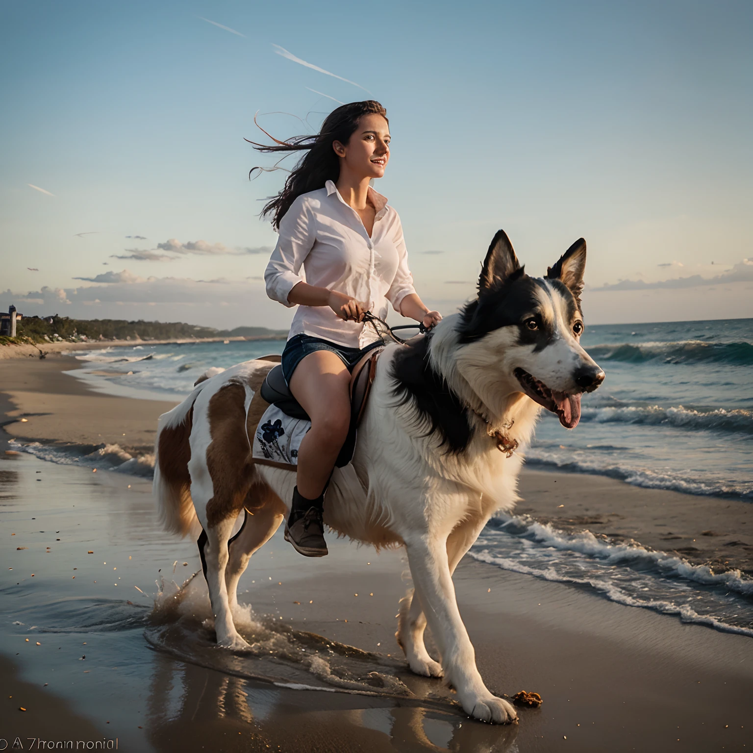NSFW (nude) (Melissa Benoist ((human)) medium breasts, strip of pubic hair) side view, vaginal penetration, doggy style fucking male furry dog white pitbull with dog penis, full body, on a deserted beach