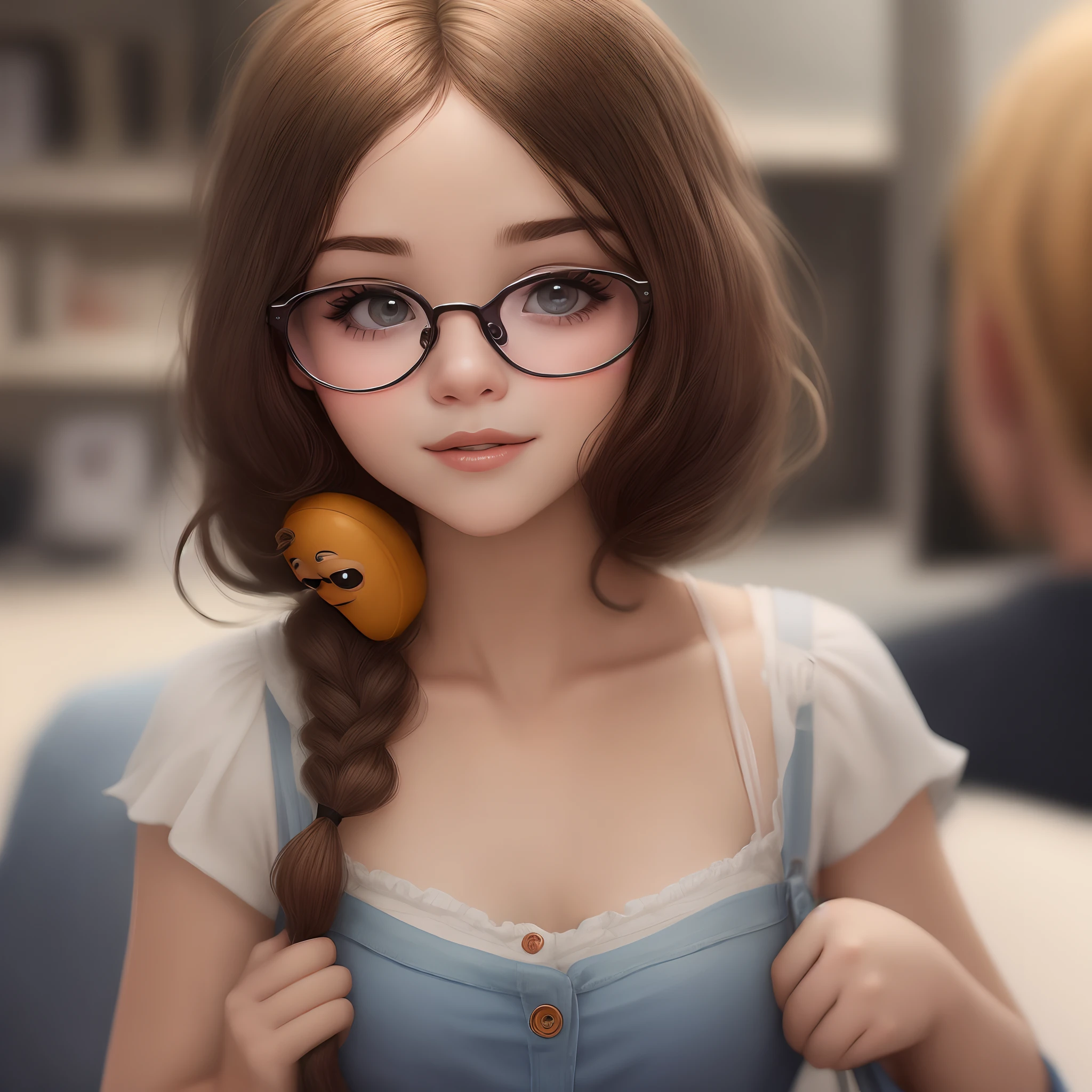 Criar cabelo cacheado longo, olhos castanhos, Wears frameless Pixar-style glasses
