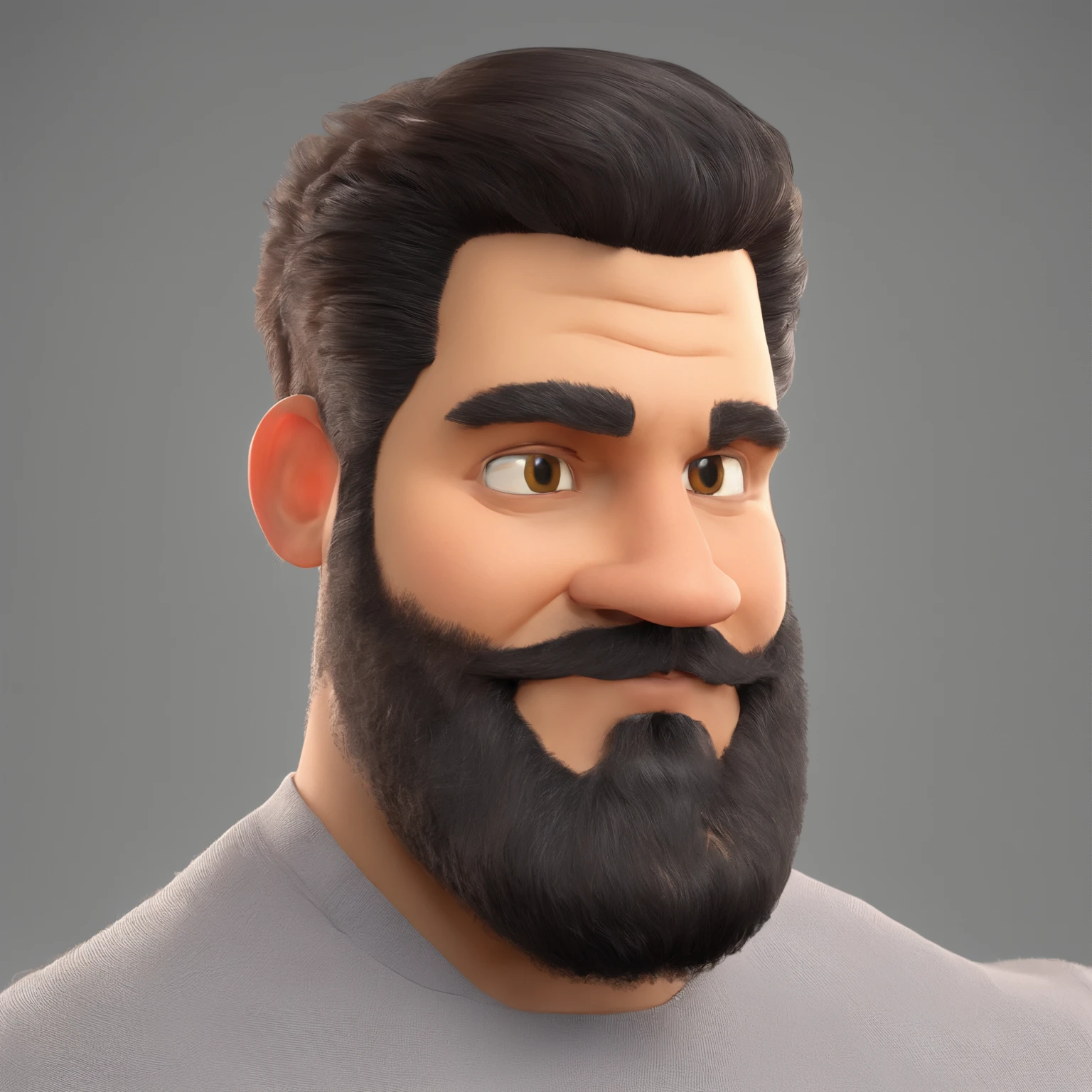 Criar um personagem no estilo Pixar. Trata-se de um homem de 30 anos, com barba, Branco, com cabelos castanhos curtos e um quiff, e olhos castanhos. Ele deve estar na frente de um computador, Trabalhar como designer