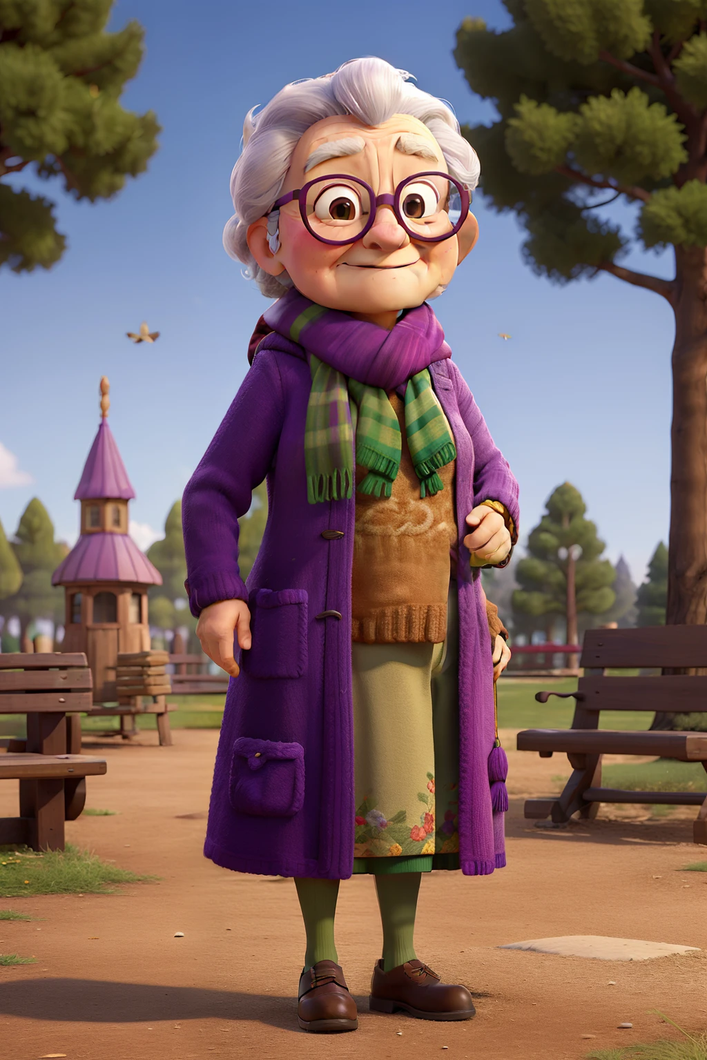 masterpiece, best quality, an old woman with glasses and a scarf on, wearing a purple coat and green scarf, standing at the park