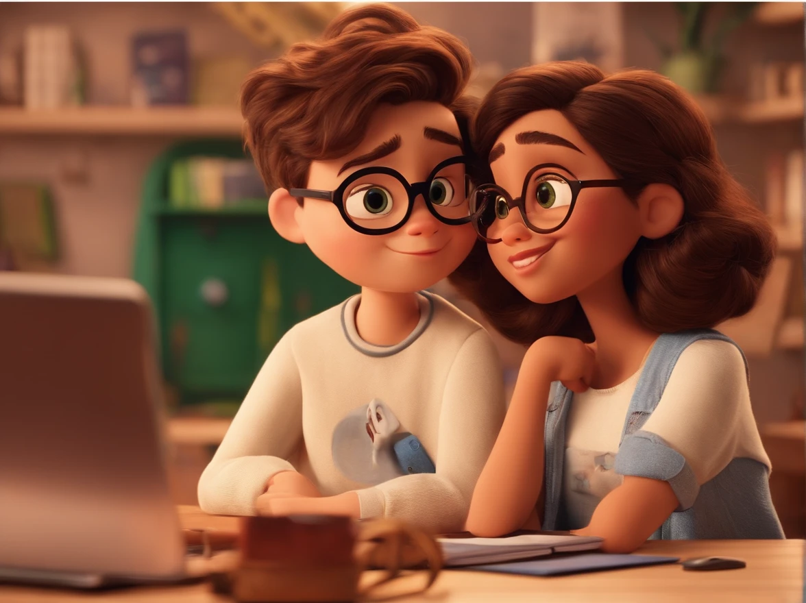 Um filme inspirado na Disney Pixar com tema do cartaz O Estante de Arquitortura, jovem 26 anos, cabelo cacheados curto, round glasses, camisa branca social, projetando no notebook