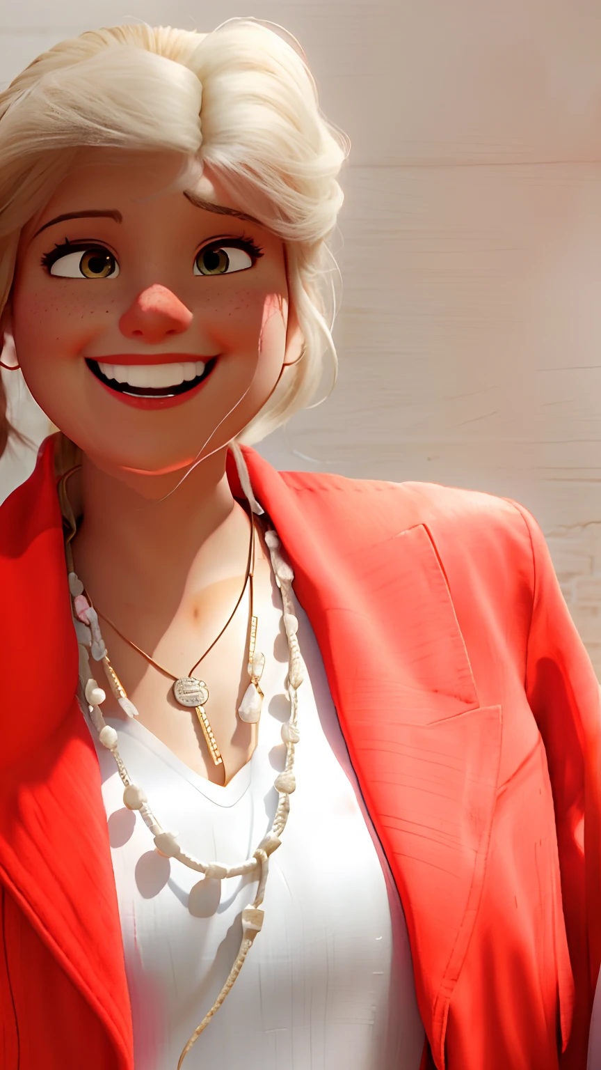 Smiling woman in red jacket and white shirt standing in front of a wall, Create Disney Pixar Style Poster