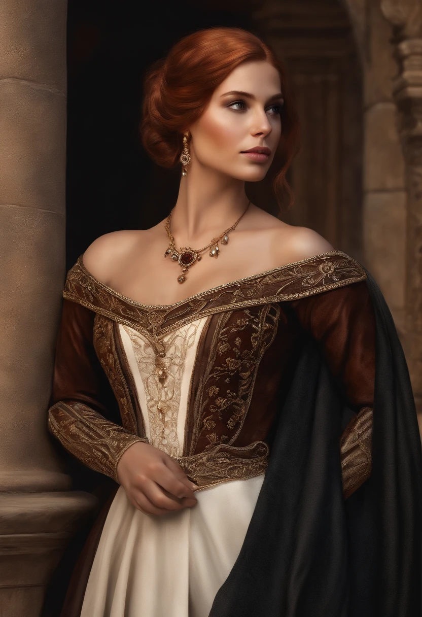 (realistic oil art, Waist-deep image, Princesa de 20 anos, british, olhos negros, olhar vibrante, redhead, short hair), Ezio Auditore Túnica, encapuzado, preto, marrom, detalhes vermelhos, Ornamento, sardas em 10% from the cheekbone, rosto perfeito, critical camera, Fundo desfocado, luz quente, More details in Clothing, sobras fortes, pose misteriosa