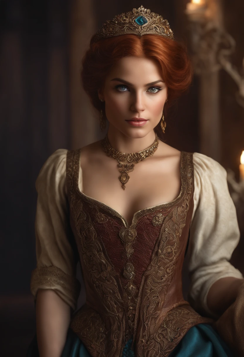 (realistic oil art, Waist-deep image, Princesa de 20 anos, british, olhos negros, olhar vibrante, redhead, short hair), Ezio Auditore Túnica, encapuzado, preto, marrom, detalhes vermelhos, Ornamento, sardas em 10% from the cheekbone, rosto perfeito, critical camera, Fundo desfocado, luz quente, More details in Clothing, sobras fortes, pose misteriosa