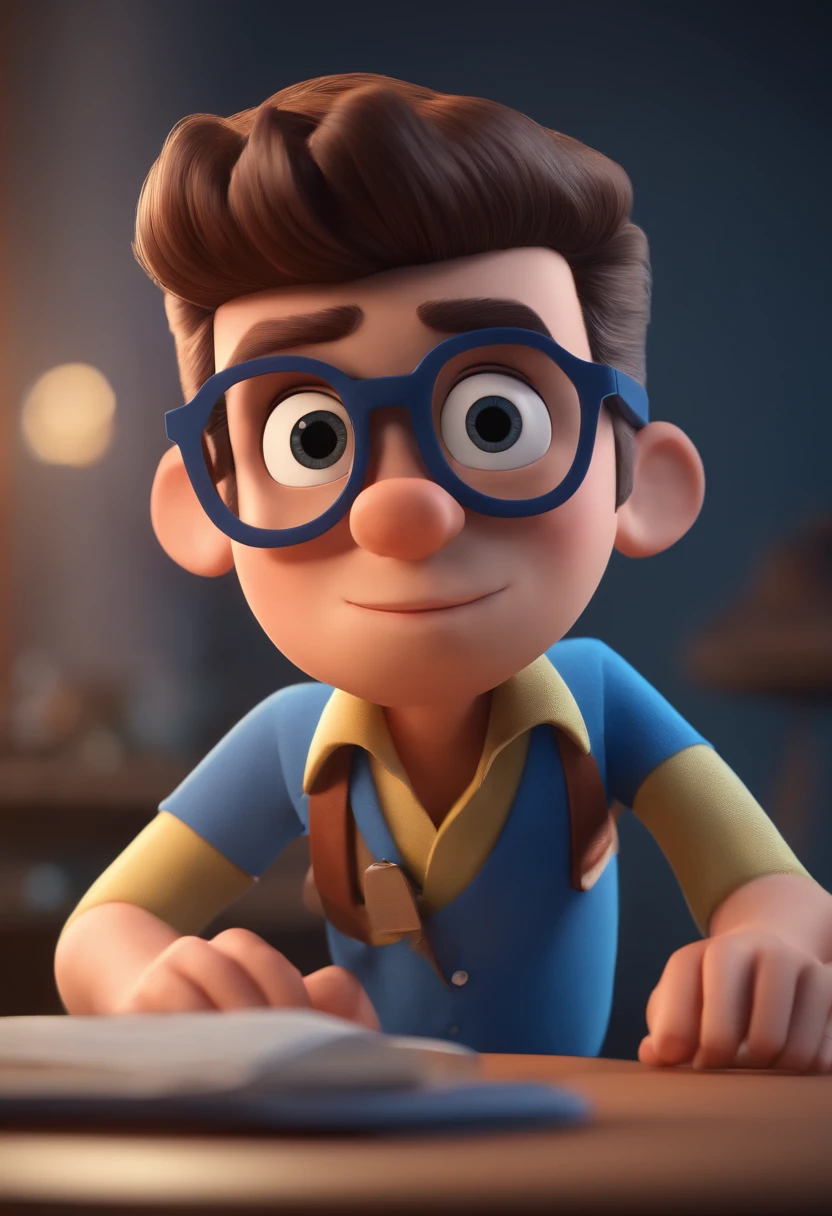 Cartoon character of a man with black glasses and a blue shirt, animation character, Caractere estilizado, animation style rendering, 3D estilizado, Arnold Maya render, 3 d render stylized, toon render keyshot, Personagem 3D, Personagem 3D, 3d rendering stylized, 3 d character render, personagem de desenho animado, Personagem de close up, Pose de personagem, (Estilo Pixar) (master part:1.2) (Bokeh) (best quality) (pele detalhada) (textura detalhada) (8k) (argila) (Cinematic lighting) (foco nítido