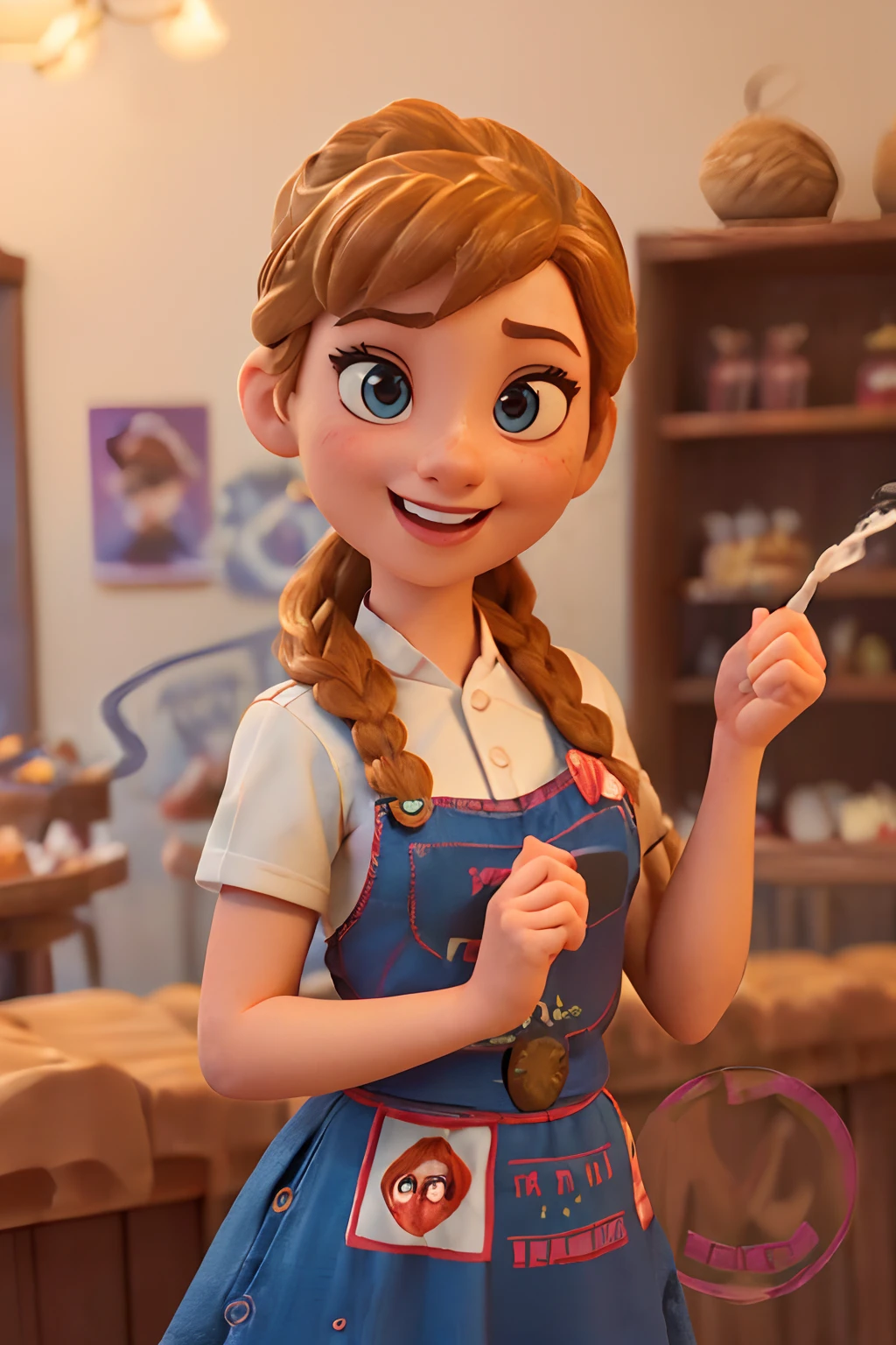 (Pixar-style poster of a cute girl seen from the front in a white chef's uniform, Smiling and showing a decorated medium cake. playful face, (com cabelos castanhos lisos, pele de mulher de meia idade, queixo pequeno, queixo curto. expression of laughter, exaggerated expression , （Perfect Correct Hand） ，（Smoke gas: 1.37） Cinematic background of the interior of a confectionery shop, Fotos de alta qualidade, 3D Studio Photos, (lots of smoke: 1.2), fotografia em close-up, Traces clear facial features, arte conceitual do personagem, exagero,