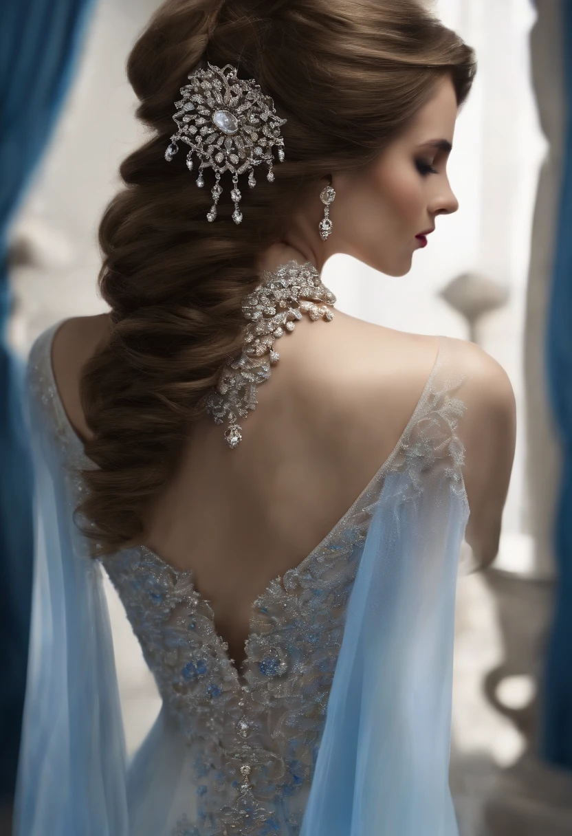 ((best quality)), ((master part)), ((1girl)), sozinho, Balsa, ((cabelos longos)), BalsaBase, ((coxas)), bareshoulders, ((jewelries)), ((Mangas)), vestido branco, saia azul, ((Luvas)), coxa-alta, from behind.