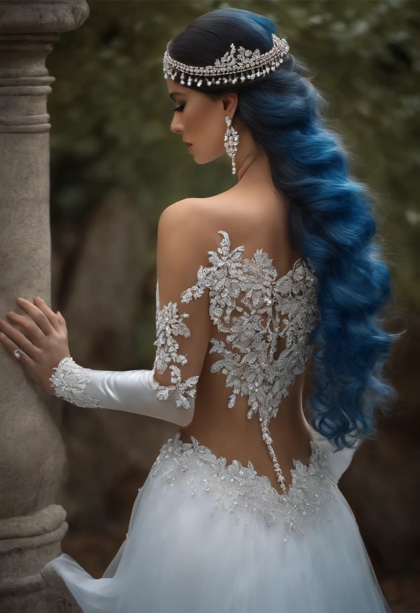 Woman (late 20's), butterfly tattoos on arms and shoulders, light blue hair in bun, pale skin with freckles, blue eyes, curvy, huge breast, thick legs, big perfectly butt, skin tight strapless wedding dress with long sleeves (butterfly mesh), breast cleavage