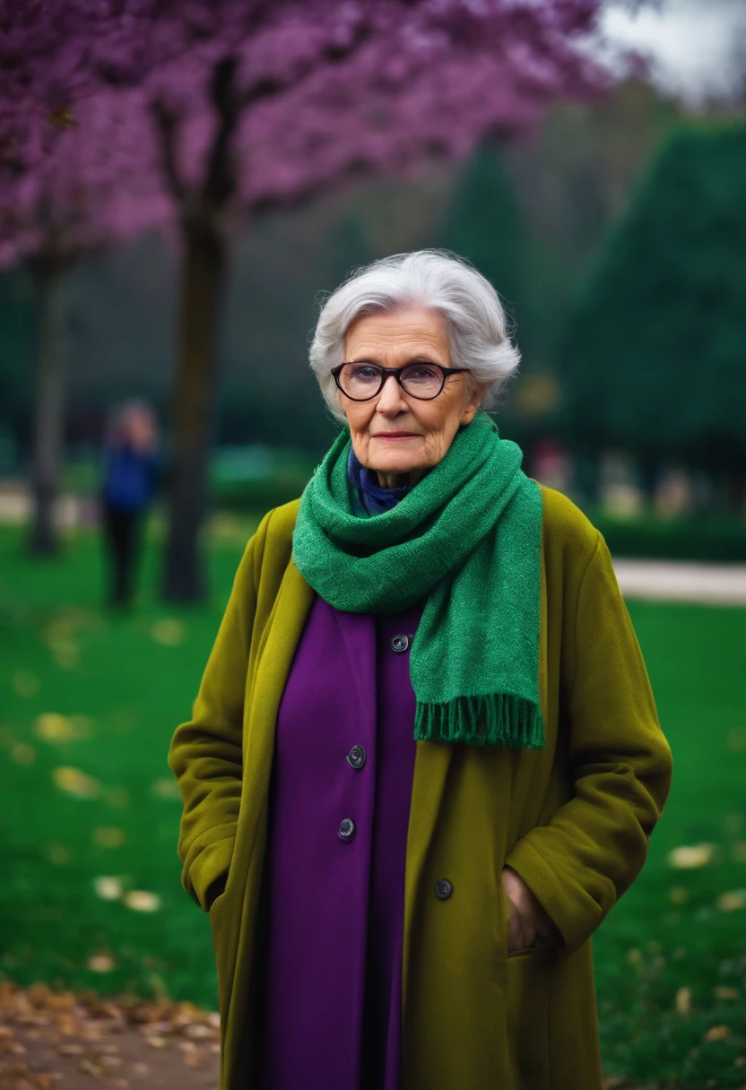 masterpiece, best quality, an old woman with glasses and a scarf on, wearing a purple coat and green scarf, standing at the park