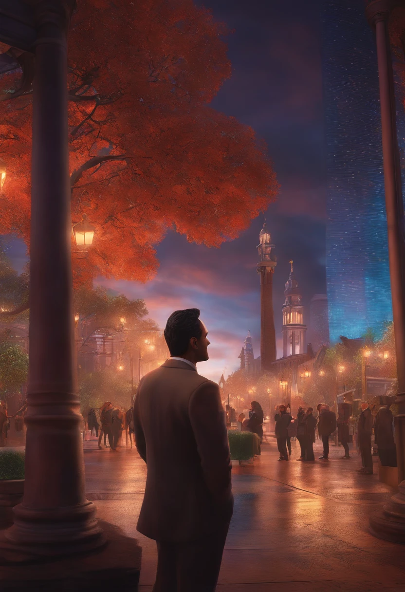 A city councilman looking at a dream project inspired by Pixar animation, de perto. The character takes center stage with captivating facial expressions, oferecendo um toque de irrealidade