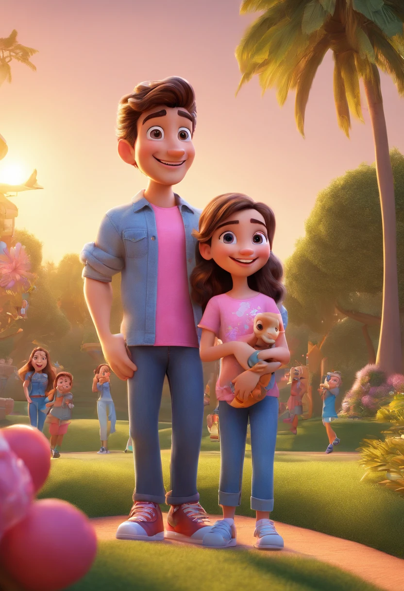 A 3D movie poster in Disney-Pixar style of an adult and a child, both smiling, under a clear and sunny sky. The background of the image displays tall palm trees and some grass, suggesting they are in a park or green area. The adult is wearing a blue shirt and has light brown hair, slightly tousled. The child, who is being held by the adult, is wearing a pink shirt with prints of various objects. Both seem happy and are enjoying the outdoor moment. The atmosphere of the image conveys joy and relaxation. estilo disney, estilo pixar render ilustracao Super Detalhe, 8k