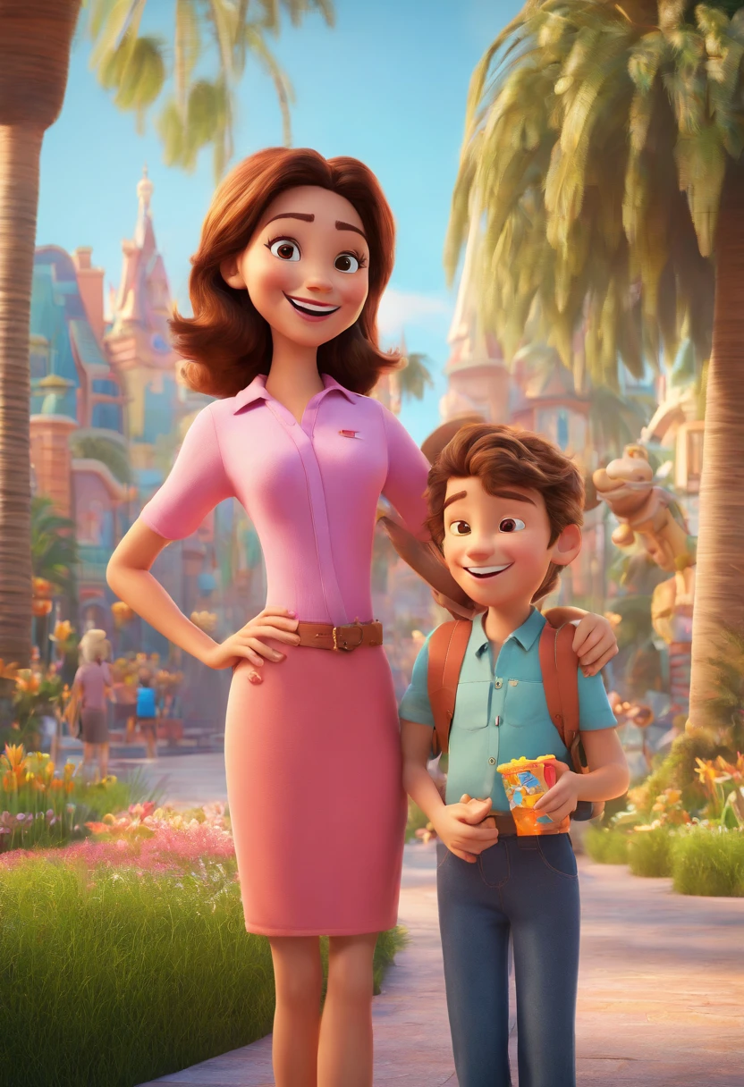 A 3D movie poster in Disney-Pixar style of an adult and a child, both smiling, under a clear and sunny sky. The background of the image displays tall palm trees and some grass, suggesting they are in a park or green area. The adult is wearing a blue shirt and has light brown hair, slightly tousled. The child, who is being held by the adult, is wearing a pink shirt with prints of various objects. Both seem happy and are enjoying the outdoor moment. The atmosphere of the image conveys joy and relaxation. estilo disney, estilo pixar render ilustracao Super Detalhe, 8k